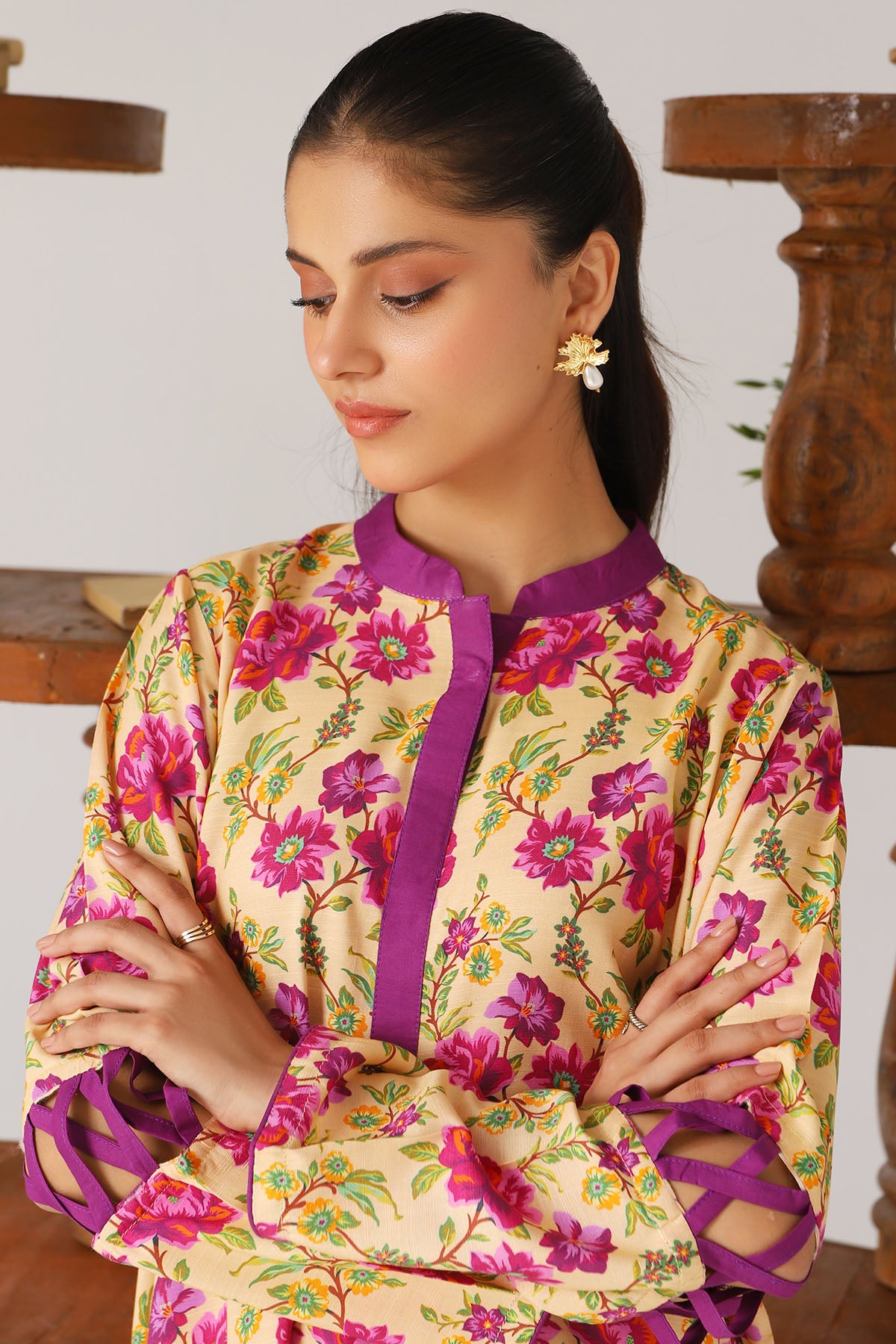 Pakistani Yellow Digital Printed Slub Linen Shirt (1-Pc) - Image 3