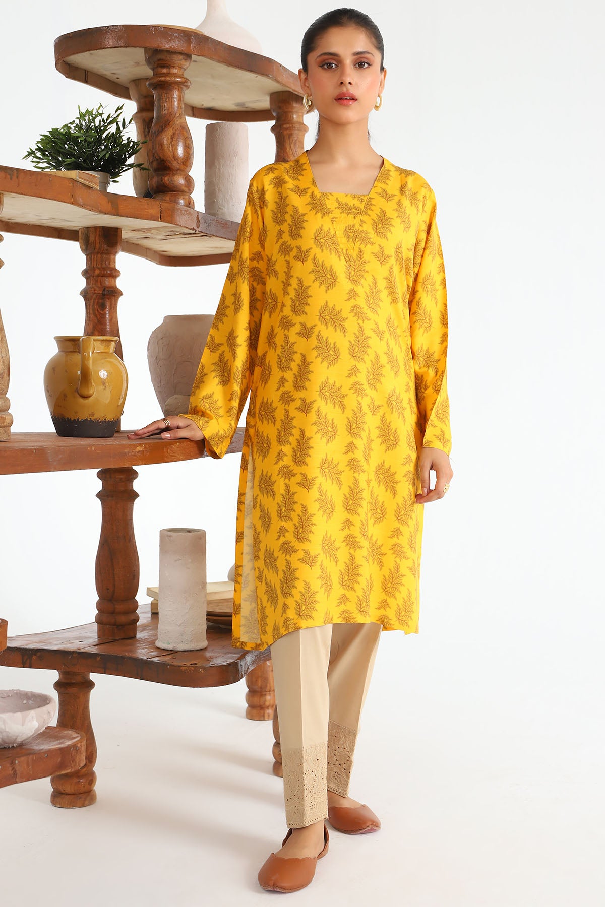 Pakistani Mustard Digital Printed Slub Linen Shirt (1-Pc) - Image 1