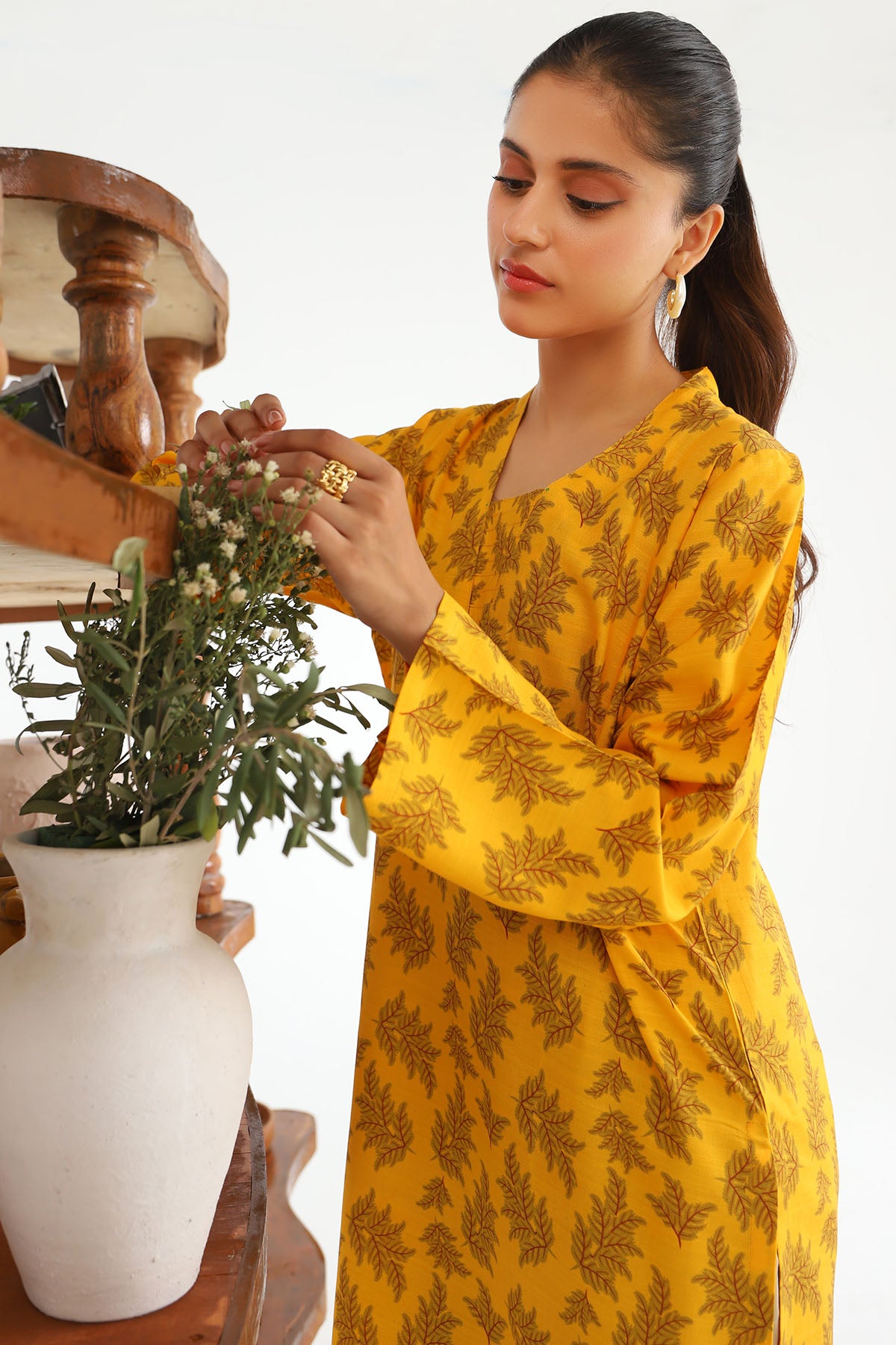Pakistani Mustard Digital Printed Slub Linen Shirt (1-Pc) - Image 2