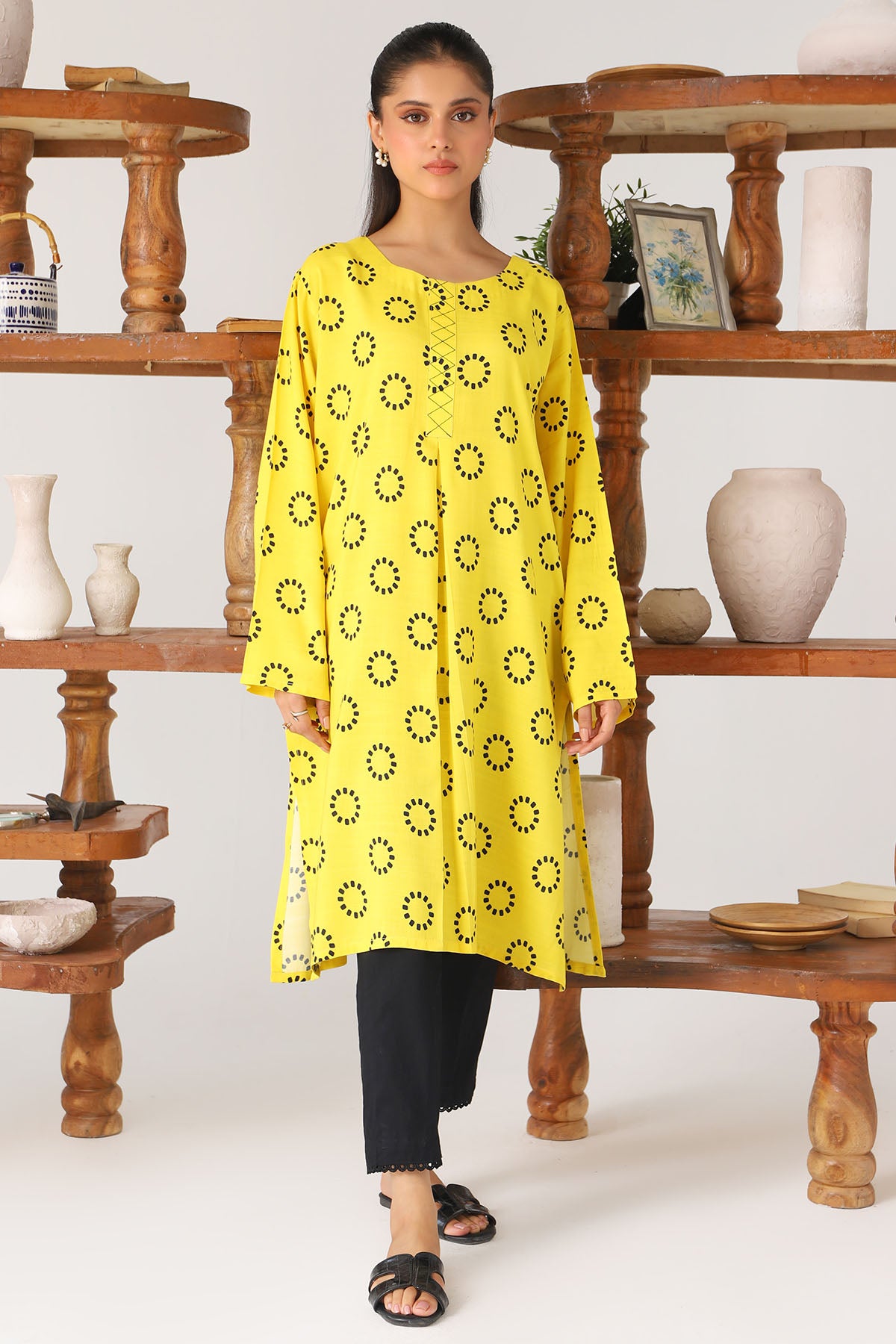Pakistani Yellow Digital Printed Slub Linen Shirt (1-Pc) - Image 1