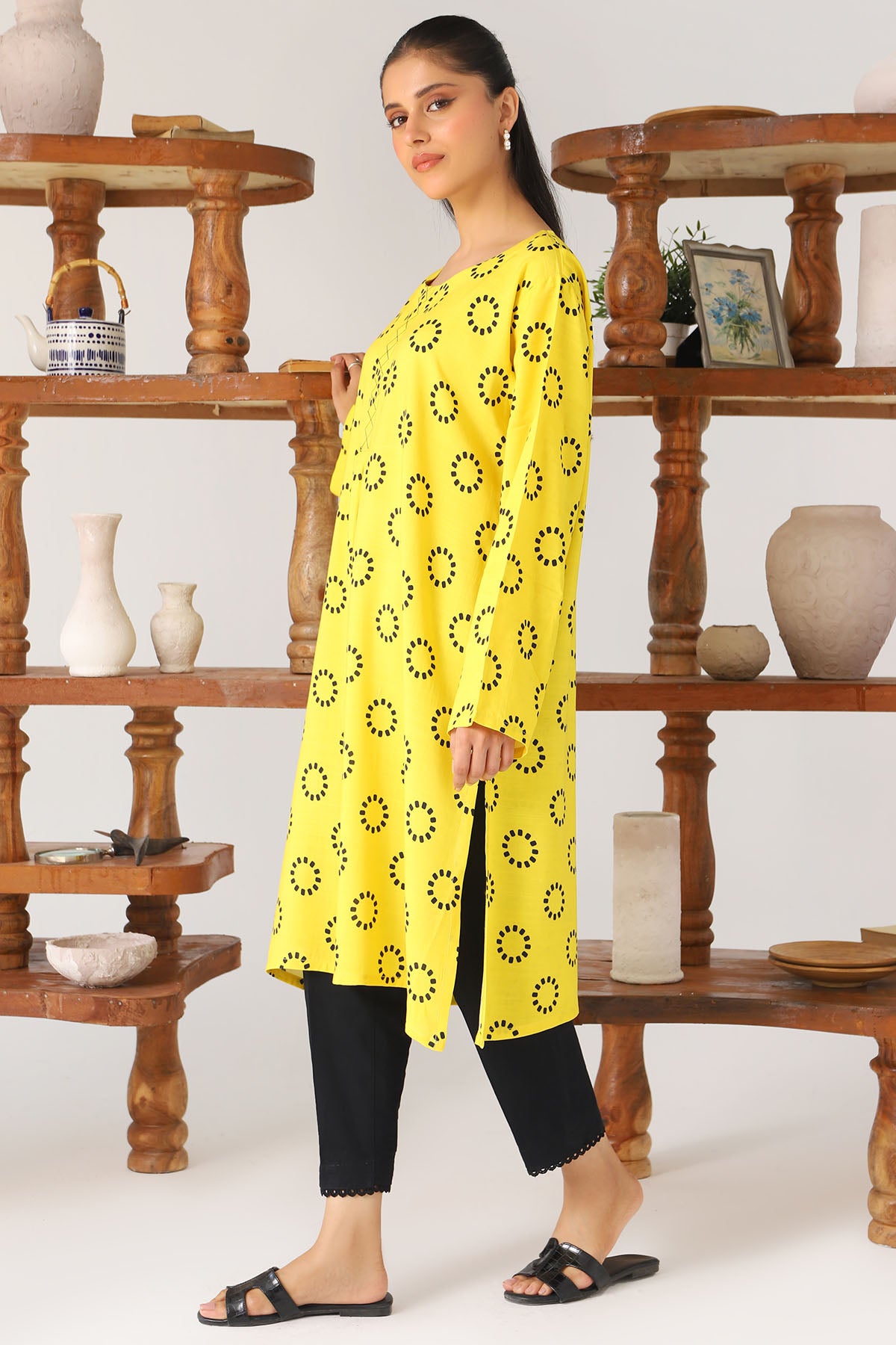 Pakistani Yellow Digital Printed Slub Linen Shirt (1-Pc) - Image 2
