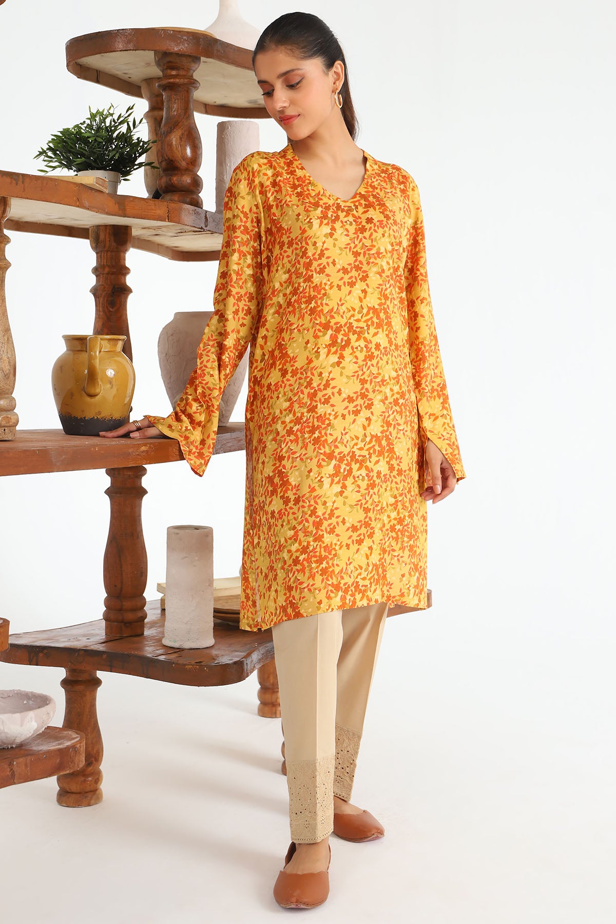 Mustard Orange Digital Printed Slub Linen Shirt (1-Pc) - Image 1