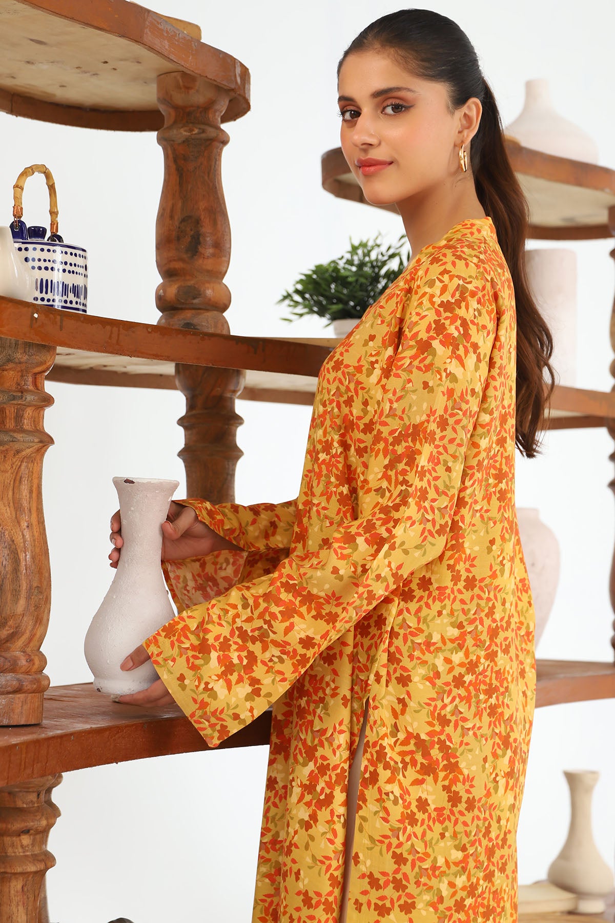 Mustard Orange Digital Printed Slub Linen Shirt (1-Pc) - Image 2