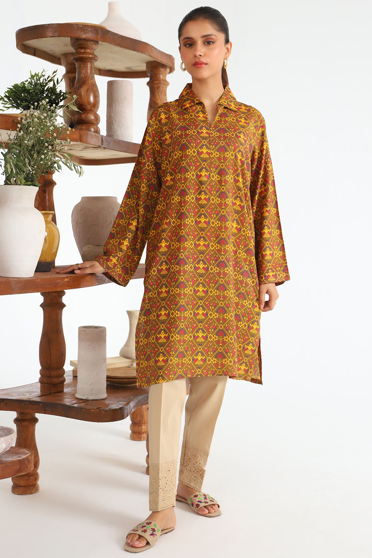 Pakistani Mustard Digital Printed Slub Linen Shirt (2-Piece) - Image 1