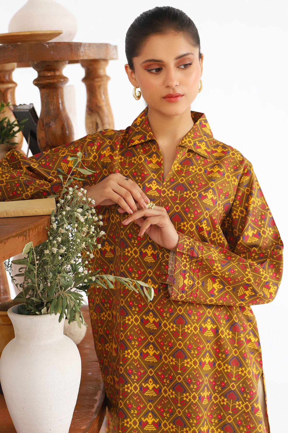 Pakistani Mustard Digital Printed Slub Linen Shirt (2-Piece) - Image 2