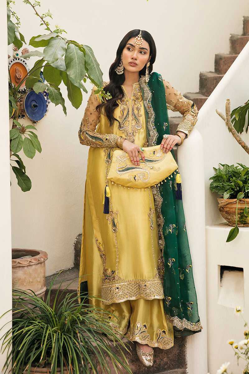Pakistani Yellow Embroidered Tissue Silk Salwar Kameez (3-Piece) - Image 1