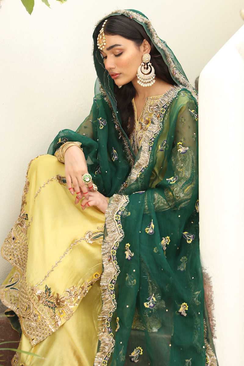 Pakistani Yellow Embroidered Tissue Silk Salwar Kameez (3-Piece) - Image 2
