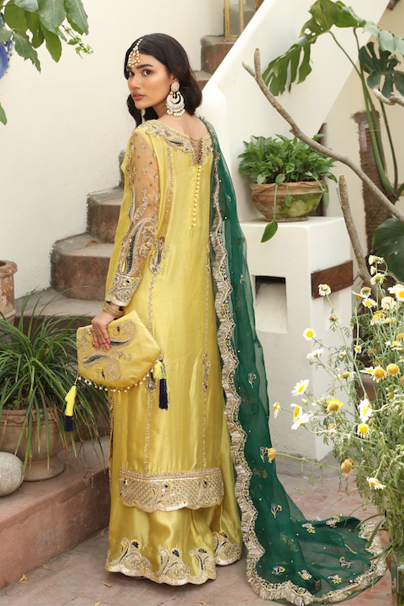 Pakistani Yellow Embroidered Tissue Silk Salwar Kameez (3-Piece) - Image 4
