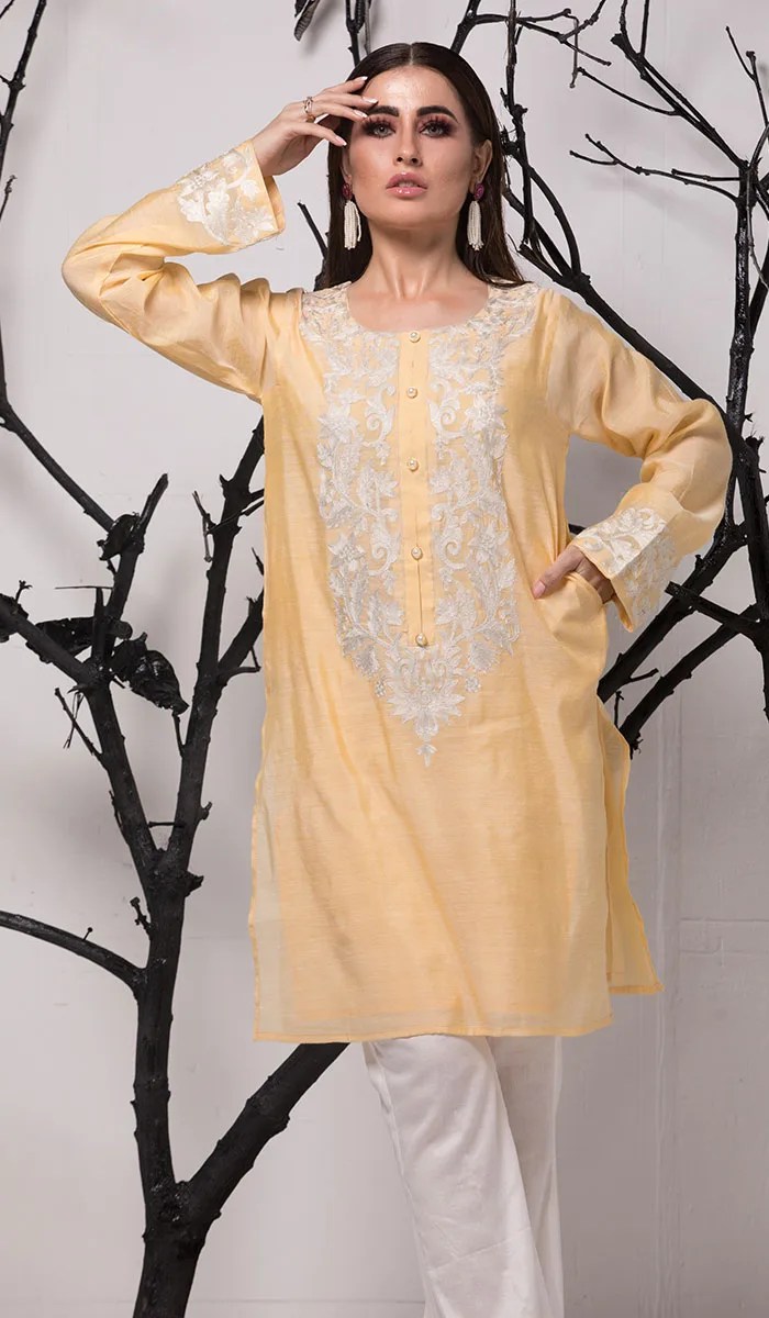 Pakistani Tangerine Yellow Embroidered Kurta (2-Piece) - Image 1