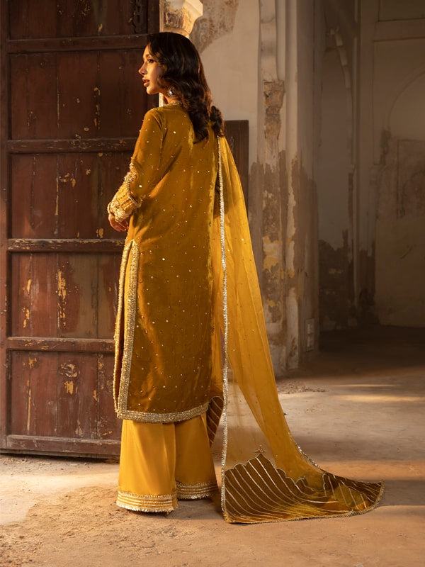 Pakistani Mustard Embellished Velvet Salwar Kameez (3-Piece) - Image 3