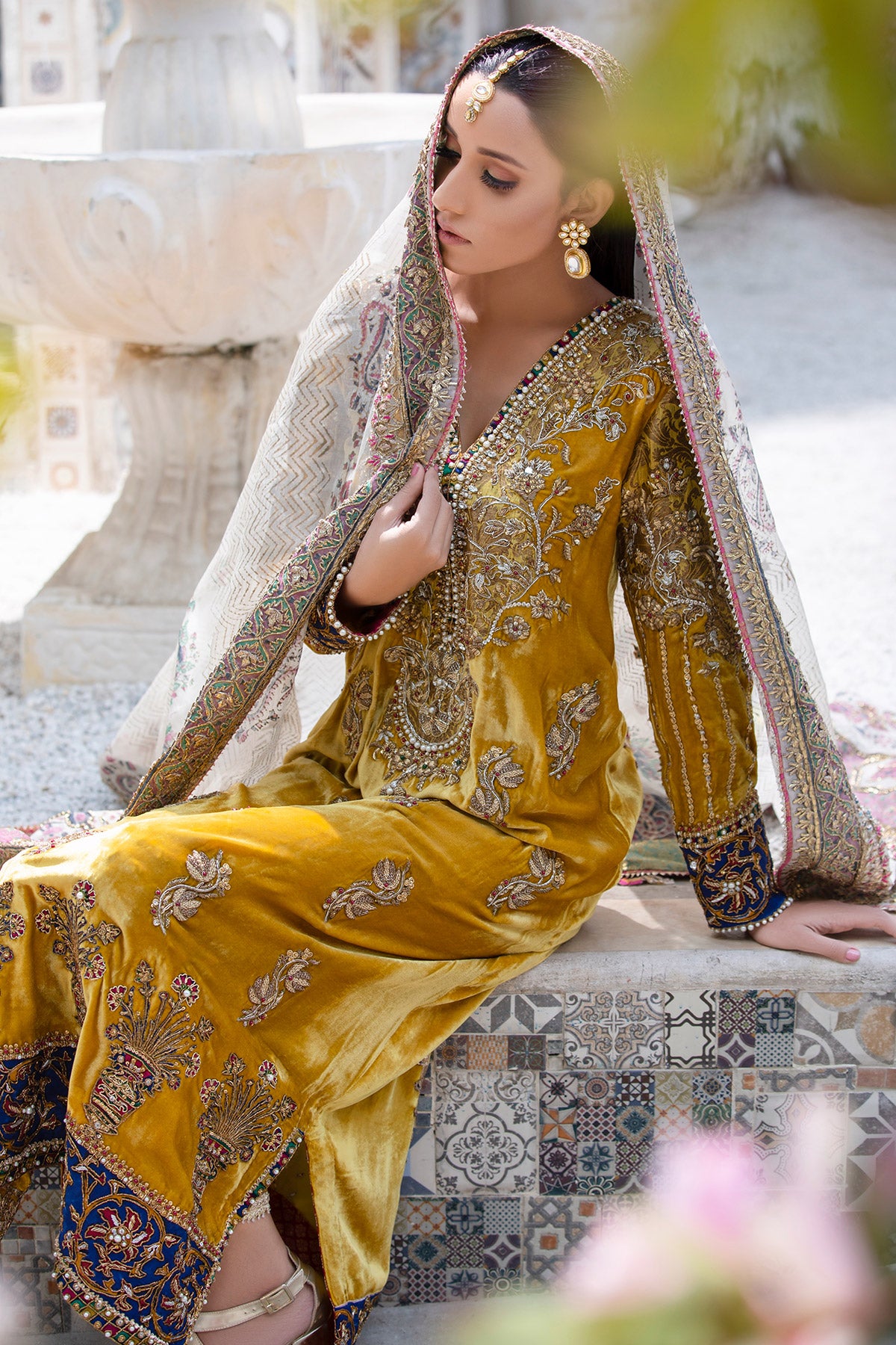 Mustard Embroidered Velvet Salwar Kameez (3-Piece) - Image 3
