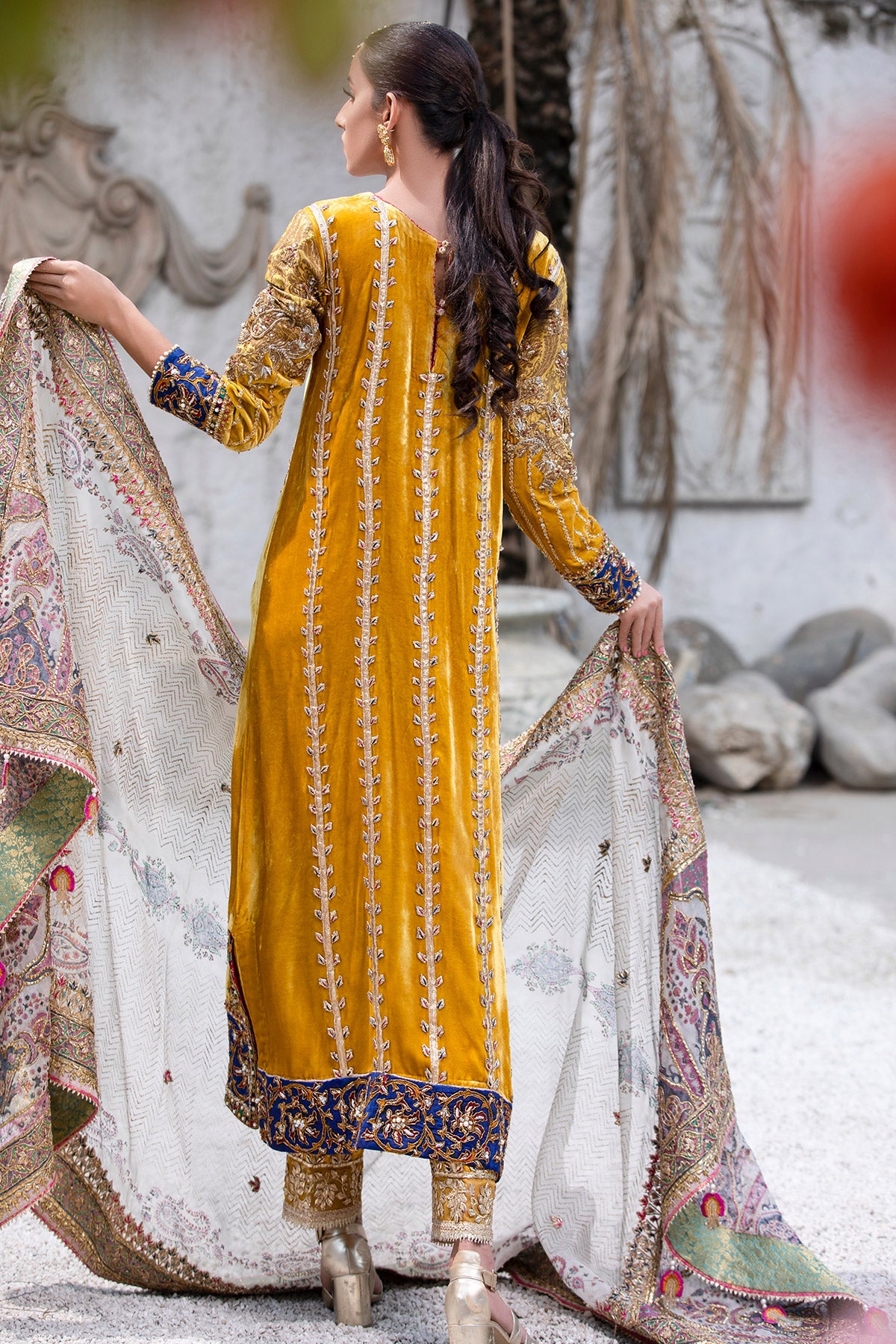 Mustard Embroidered Velvet Salwar Kameez (3-Piece) - Image 4