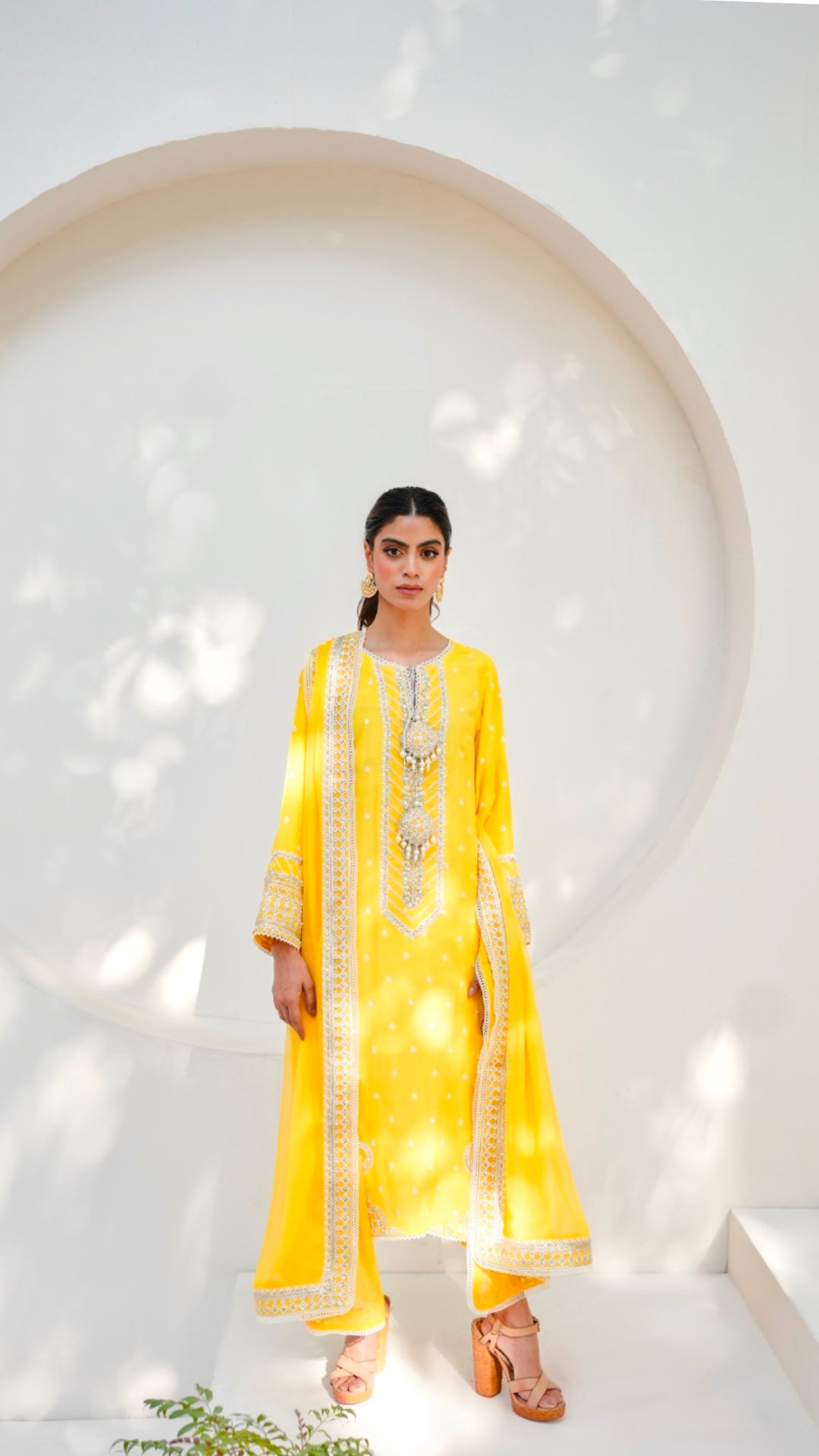 Pakistani Vibrant Yellow Embroidered Viscose Silk Salwar Kameez (3-Piece) - Image 1