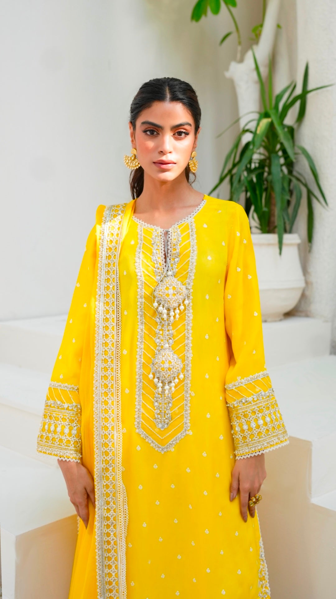 Pakistani Vibrant Yellow Embroidered Viscose Silk Salwar Kameez (3-Piece) - Image 2