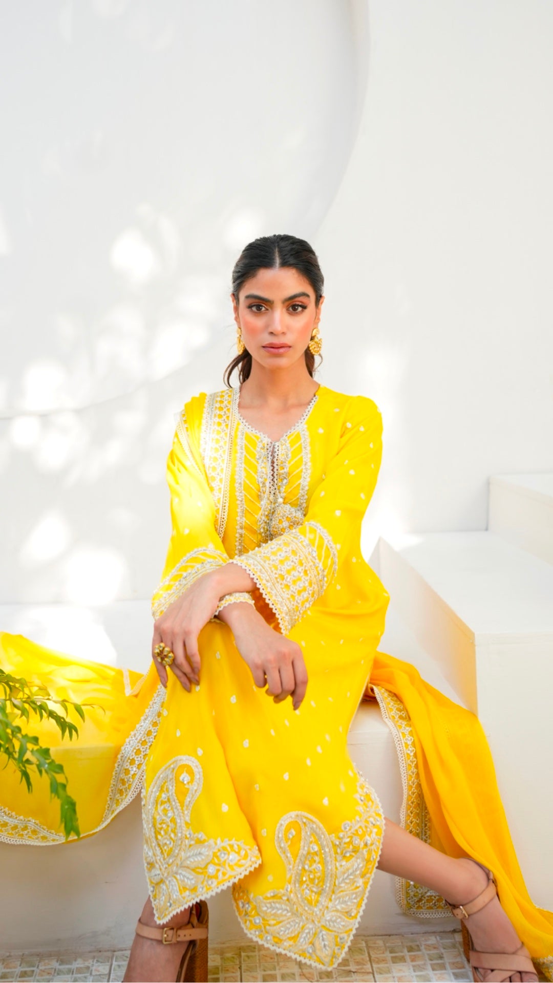 Pakistani Vibrant Yellow Embroidered Viscose Silk Salwar Kameez (3-Piece) - Image 3