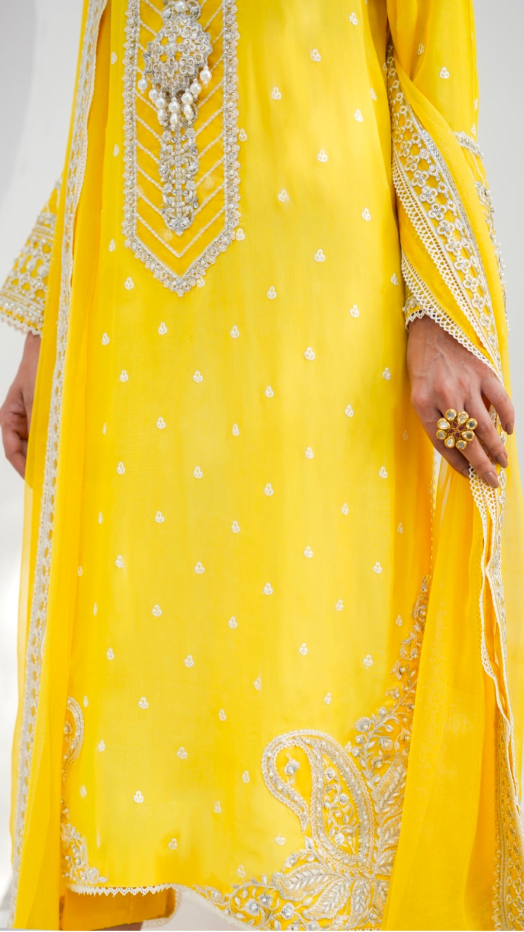 Pakistani Vibrant Yellow Embroidered Viscose Silk Salwar Kameez (3-Piece) - Image 4