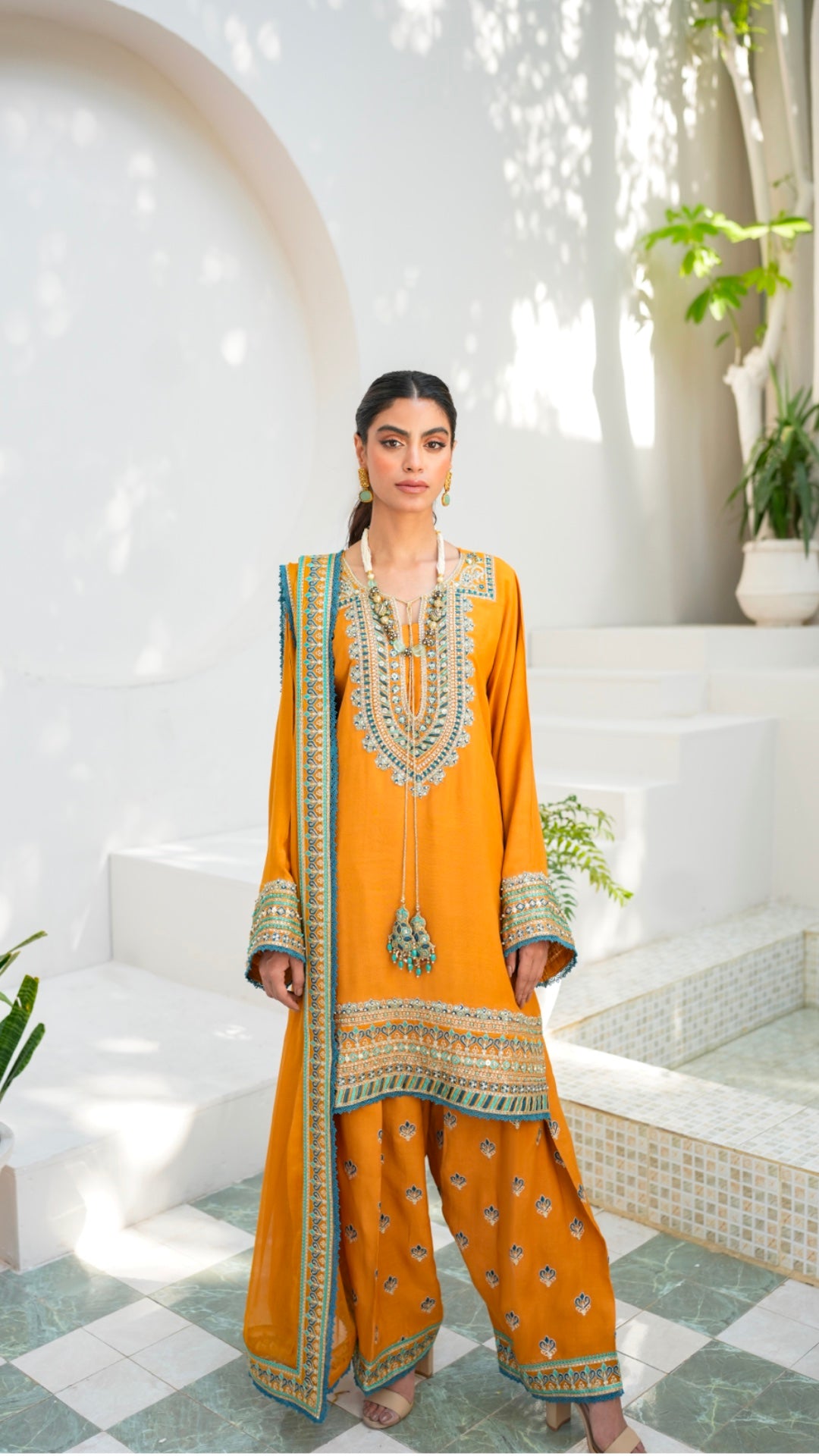 Pakistani Turmeric Embroidered Viscose Silk Kurta Set (3-Piece) - Image 1