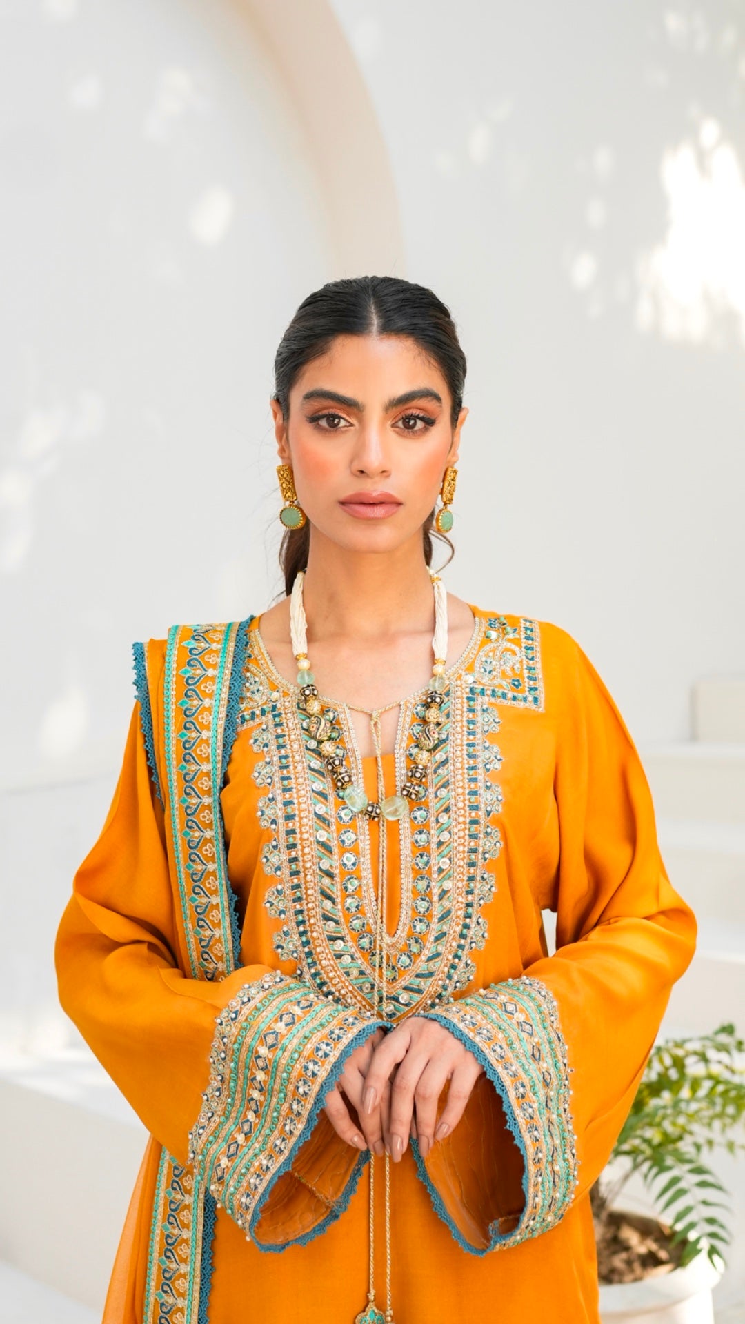 Pakistani Turmeric Embroidered Viscose Silk Kurta Set (3-Piece) - Image 3