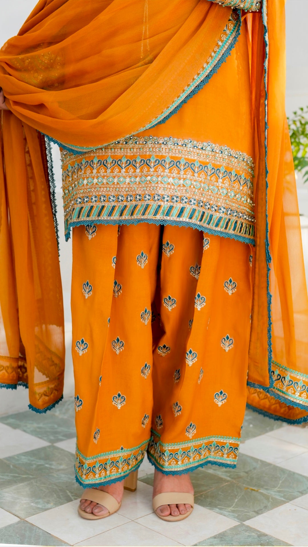 Pakistani Turmeric Embroidered Viscose Silk Kurta Set (3-Piece) - Image 4