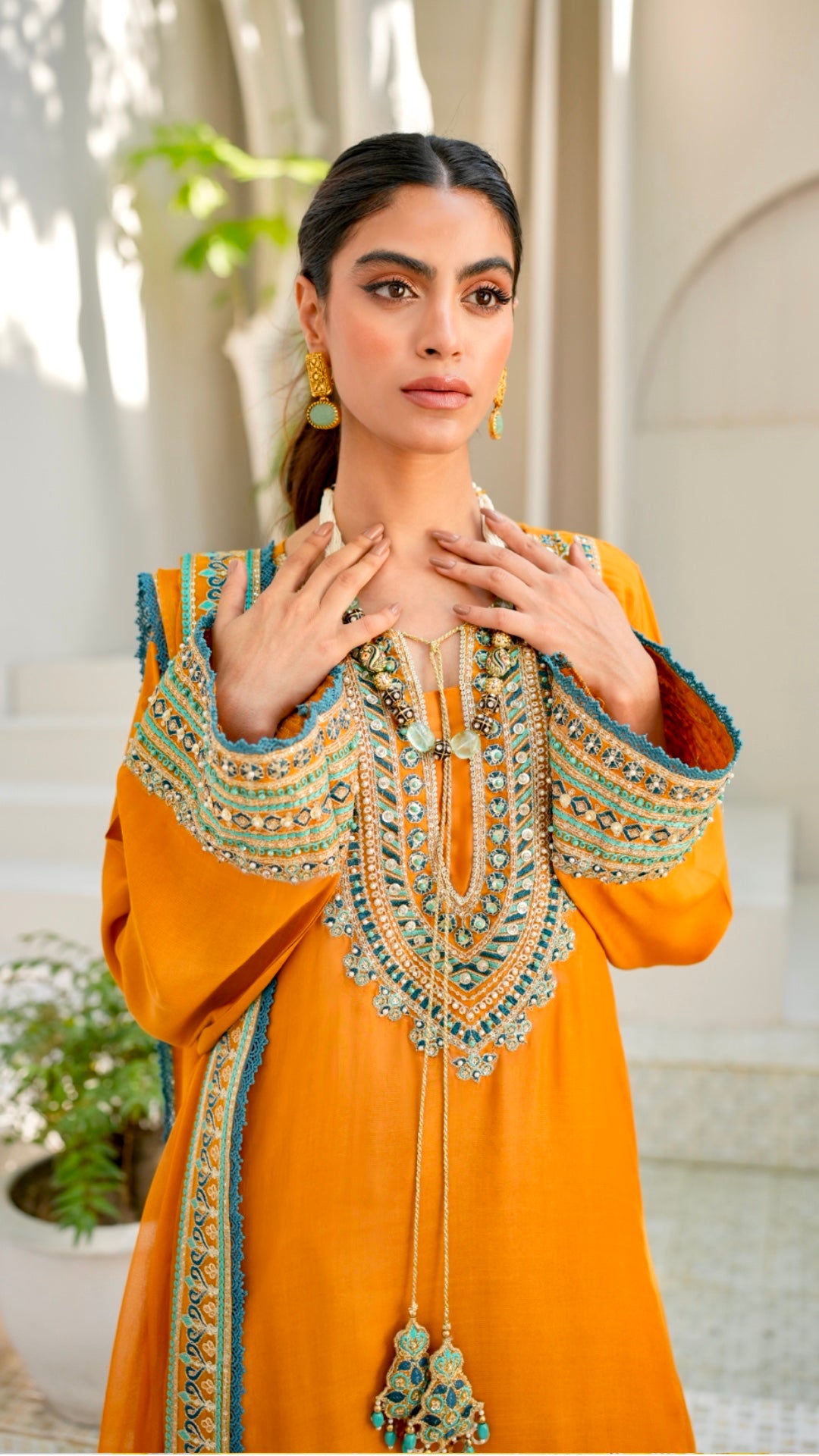 Pakistani Turmeric Embroidered Viscose Silk Kurta Set (3-Piece) - Image 5