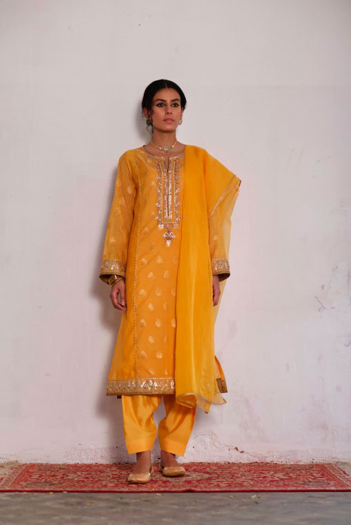 Yellow Marori & Gota Zaree Cotton Salwar Kameez (3-Piece) - Image 1