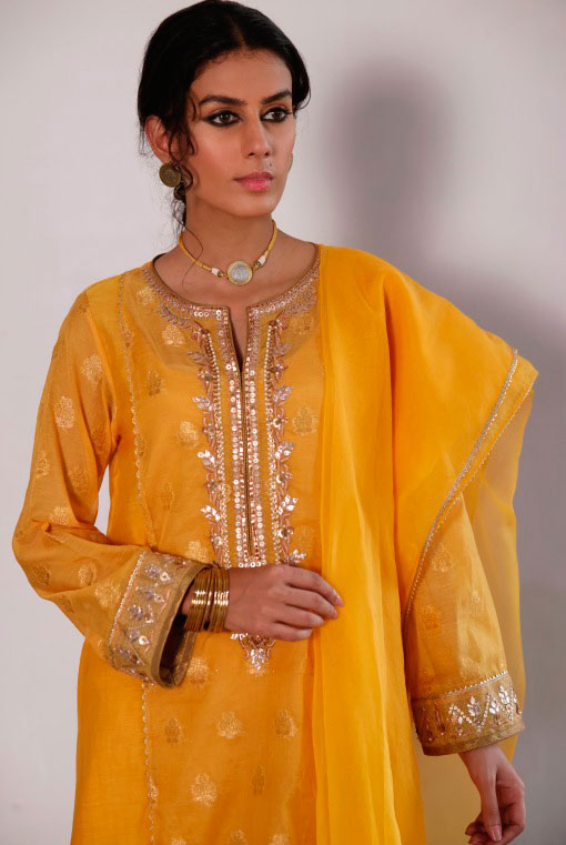 Yellow Marori & Gota Zaree Cotton Salwar Kameez (3-Piece) - Image 2