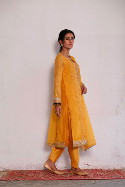 Yellow Marori & Gota Zaree Cotton Salwar Kameez (3-Piece) - Image 3