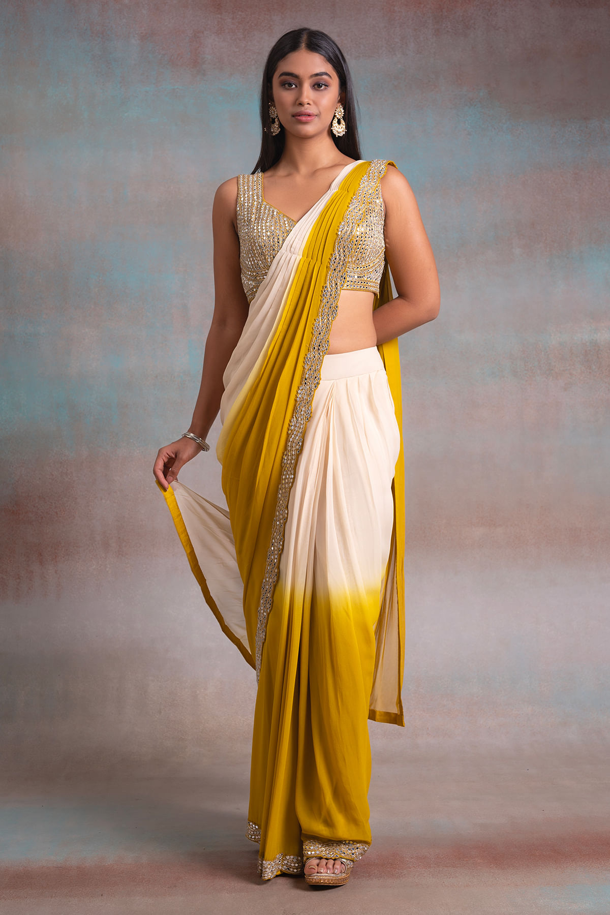 Cream and Yellow Mirror Work Georgette Saree (2-Piece) - Image 1