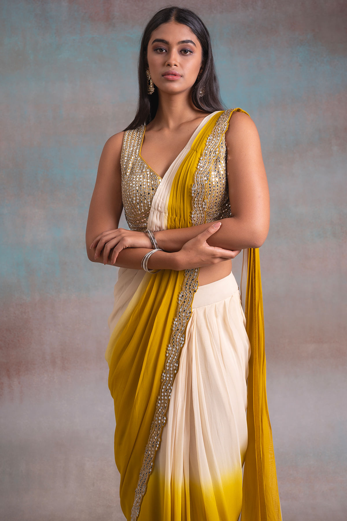 Cream and Yellow Mirror Work Georgette Saree (2-Piece) - Image 2