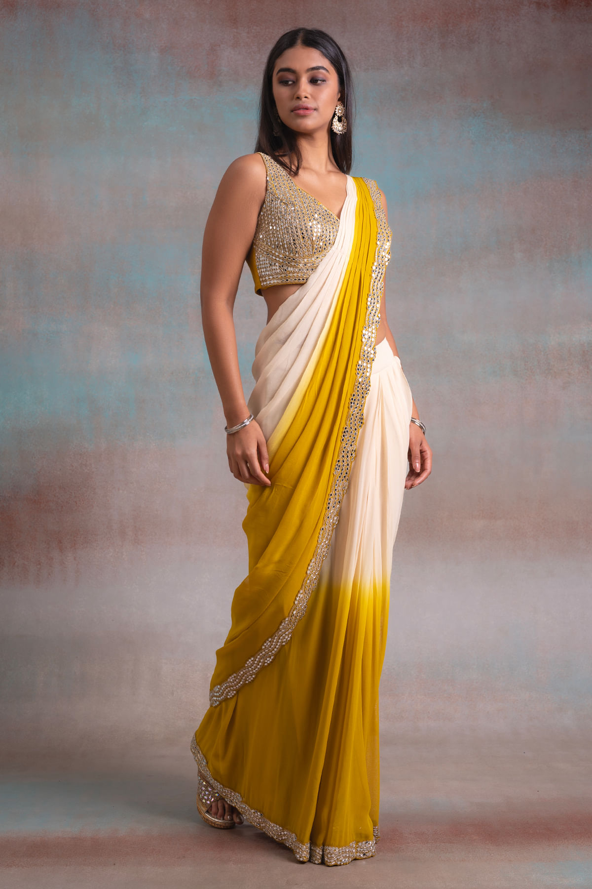 Cream and Yellow Mirror Work Georgette Saree (2-Piece) - Image 3