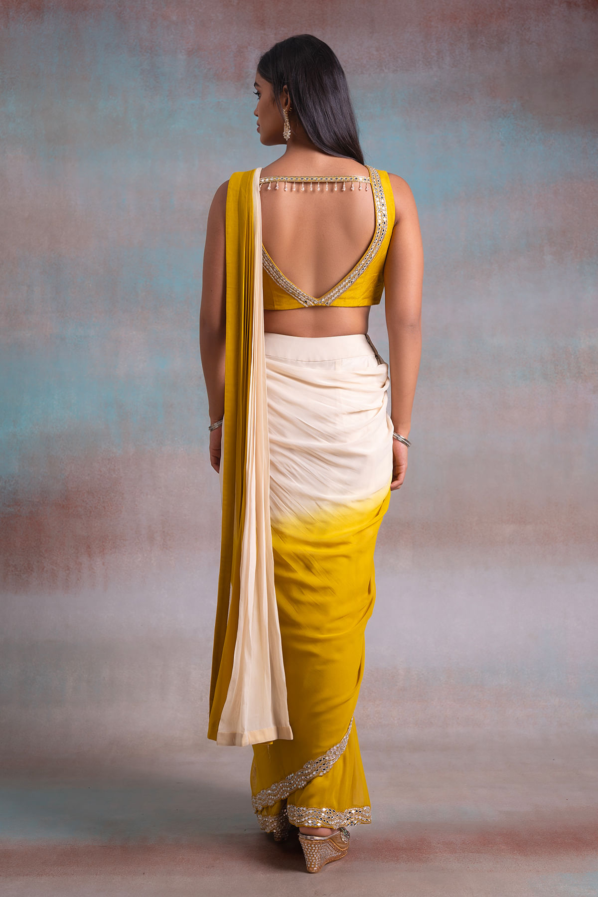Cream and Yellow Mirror Work Georgette Saree (2-Piece) - Image 4
