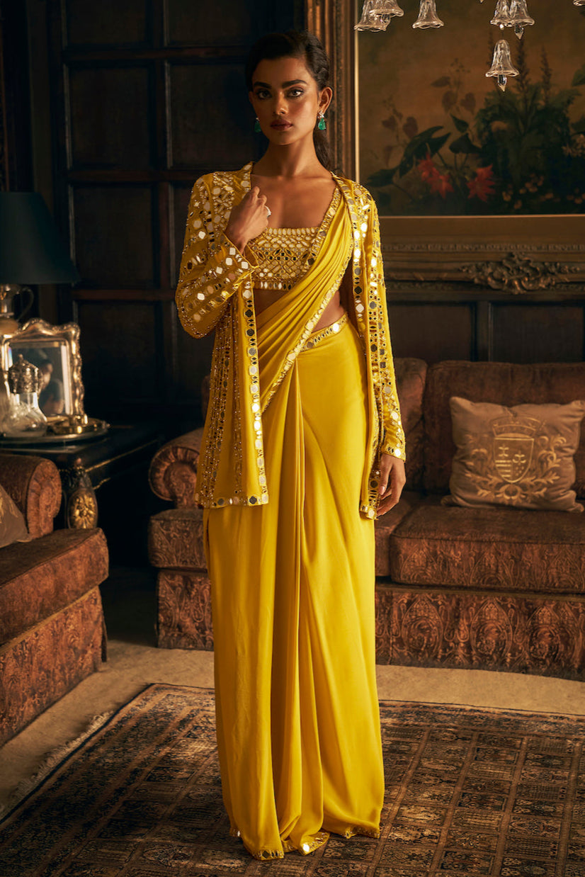 Indian Yellow Mirror Work Georgette Pre-Draped Saree (3-Piece) - Image 1