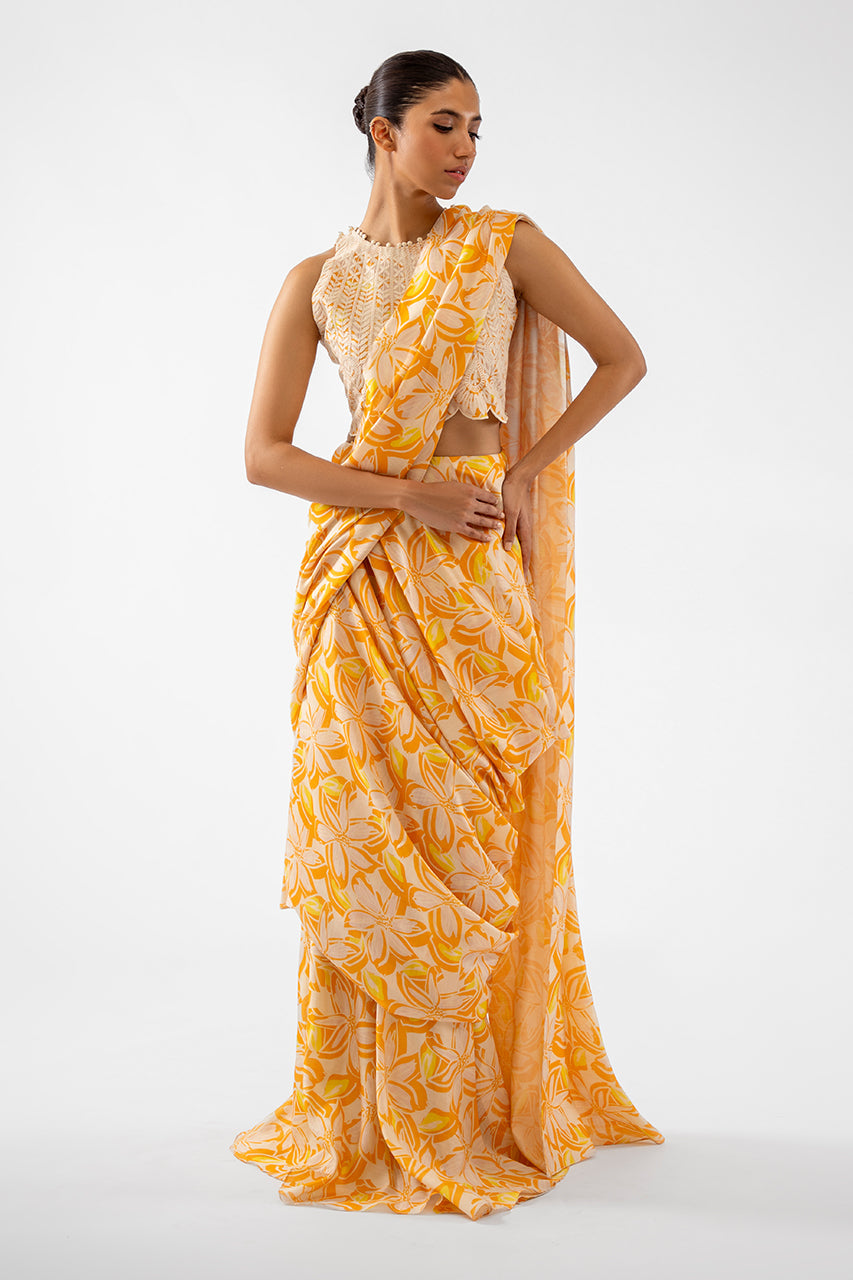 Pakistani Citrus Aari Embroidered Khaddi Silk Saree (2-Piece) - Image 1