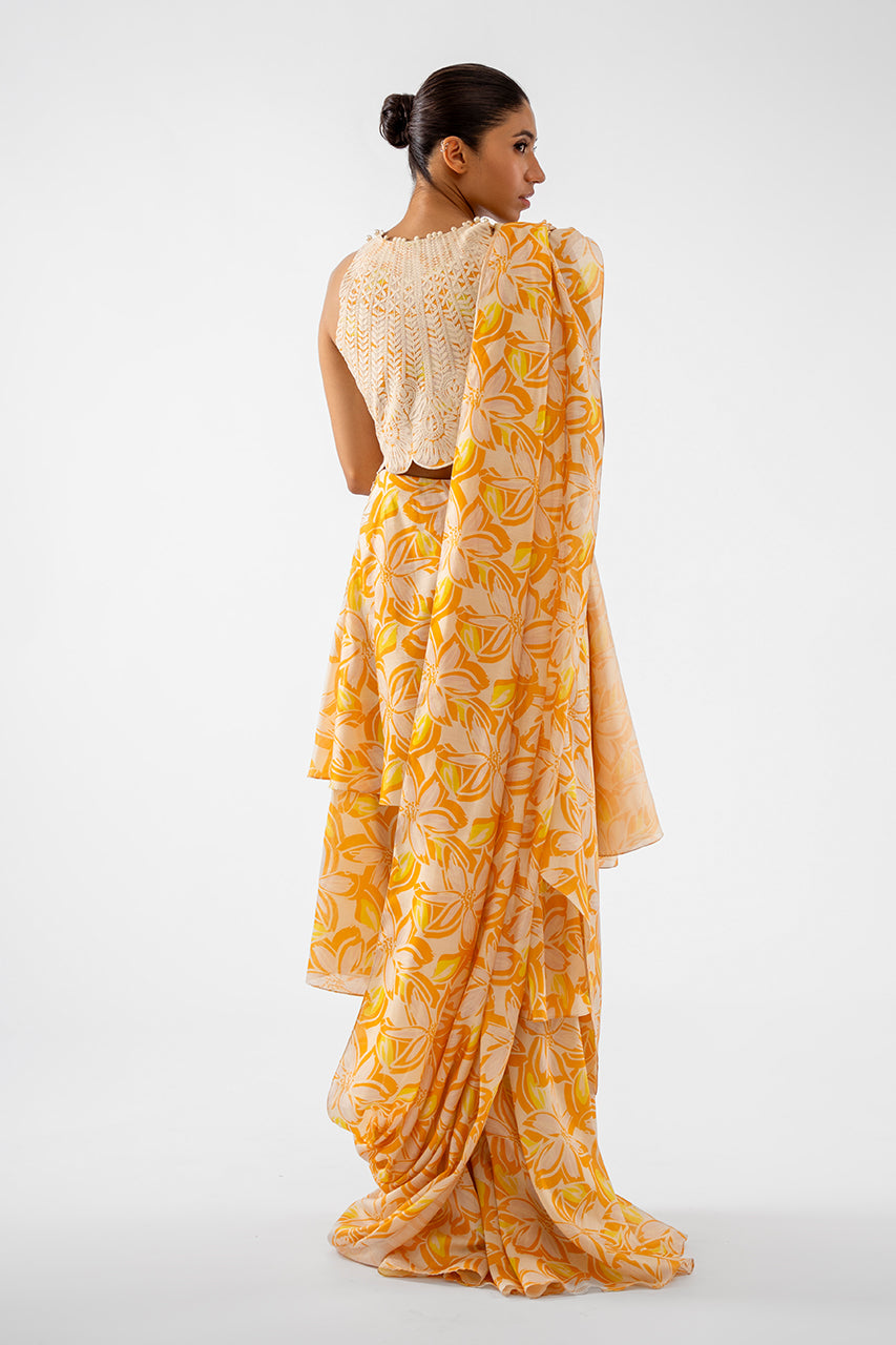 Pakistani Citrus Aari Embroidered Khaddi Silk Saree (2-Piece) - Image 2