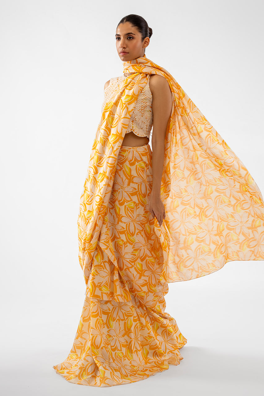 Pakistani Citrus Aari Embroidered Khaddi Silk Saree (2-Piece) - Image 3