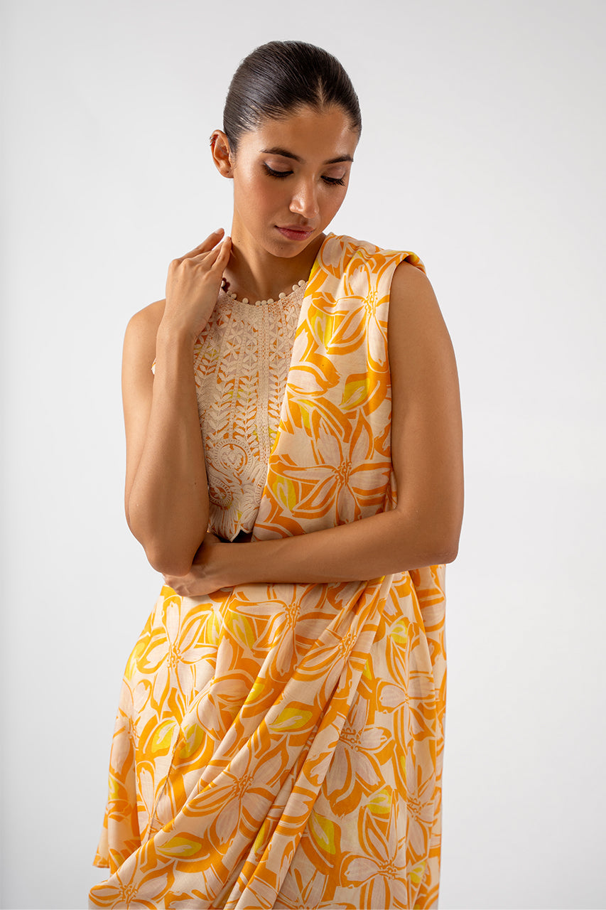 Pakistani Citrus Aari Embroidered Khaddi Silk Saree (2-Piece) - Image 5