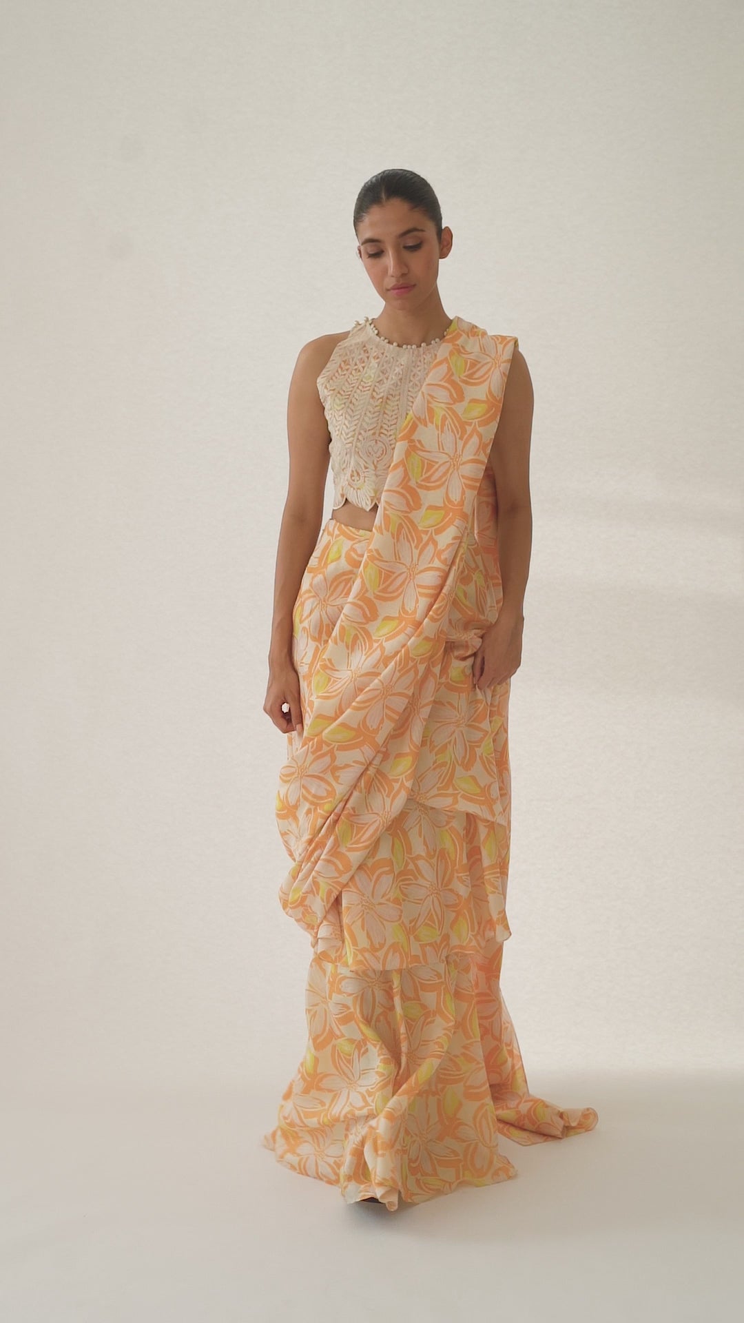 Pakistani Citrus Aari Embroidered Khaddi Silk Saree (2-Piece) - Image 6