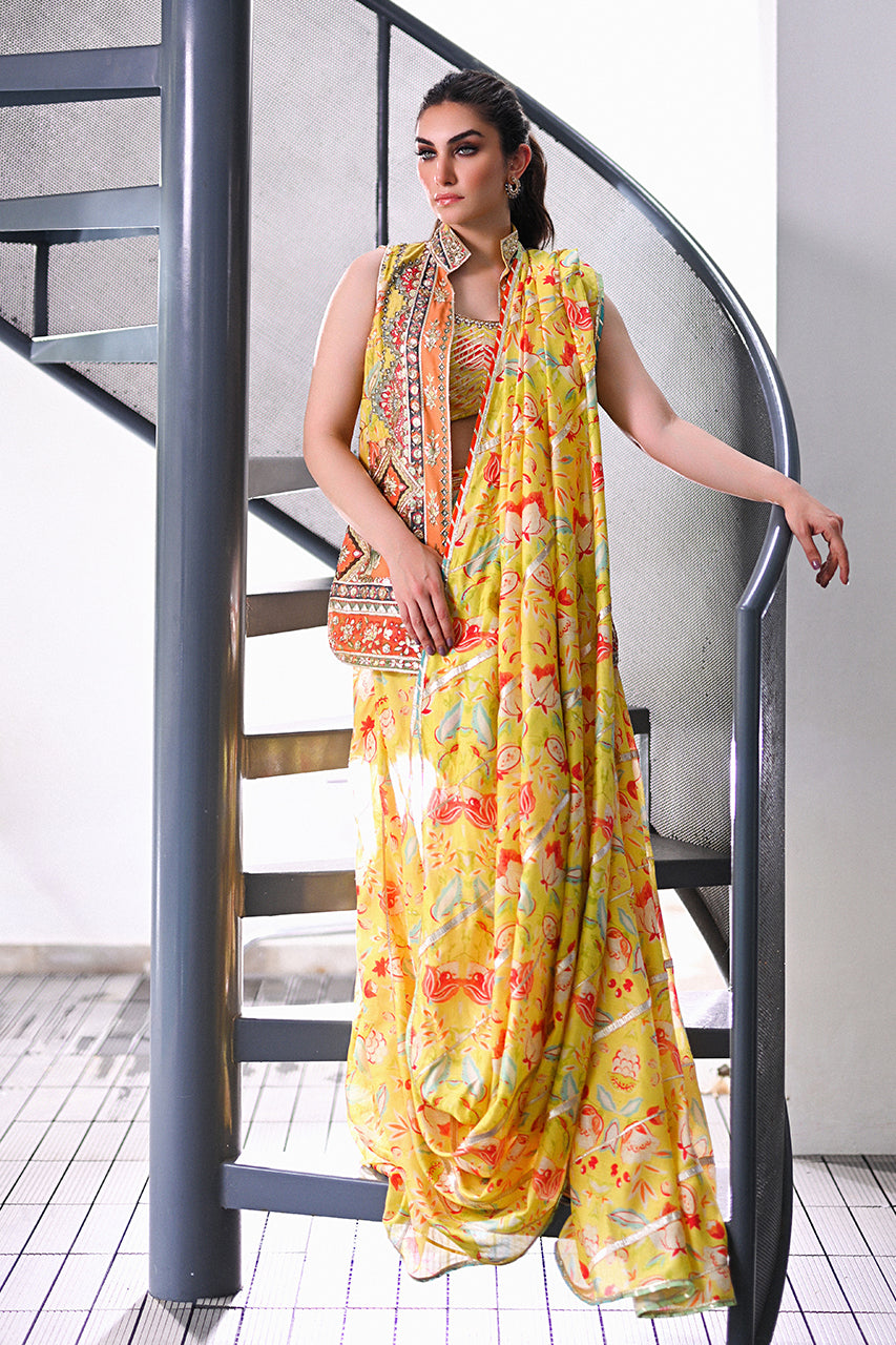 Pakistani Daffodil Yellow Embroidered Khaddi Silk Saree (3-Piece) - Image 3