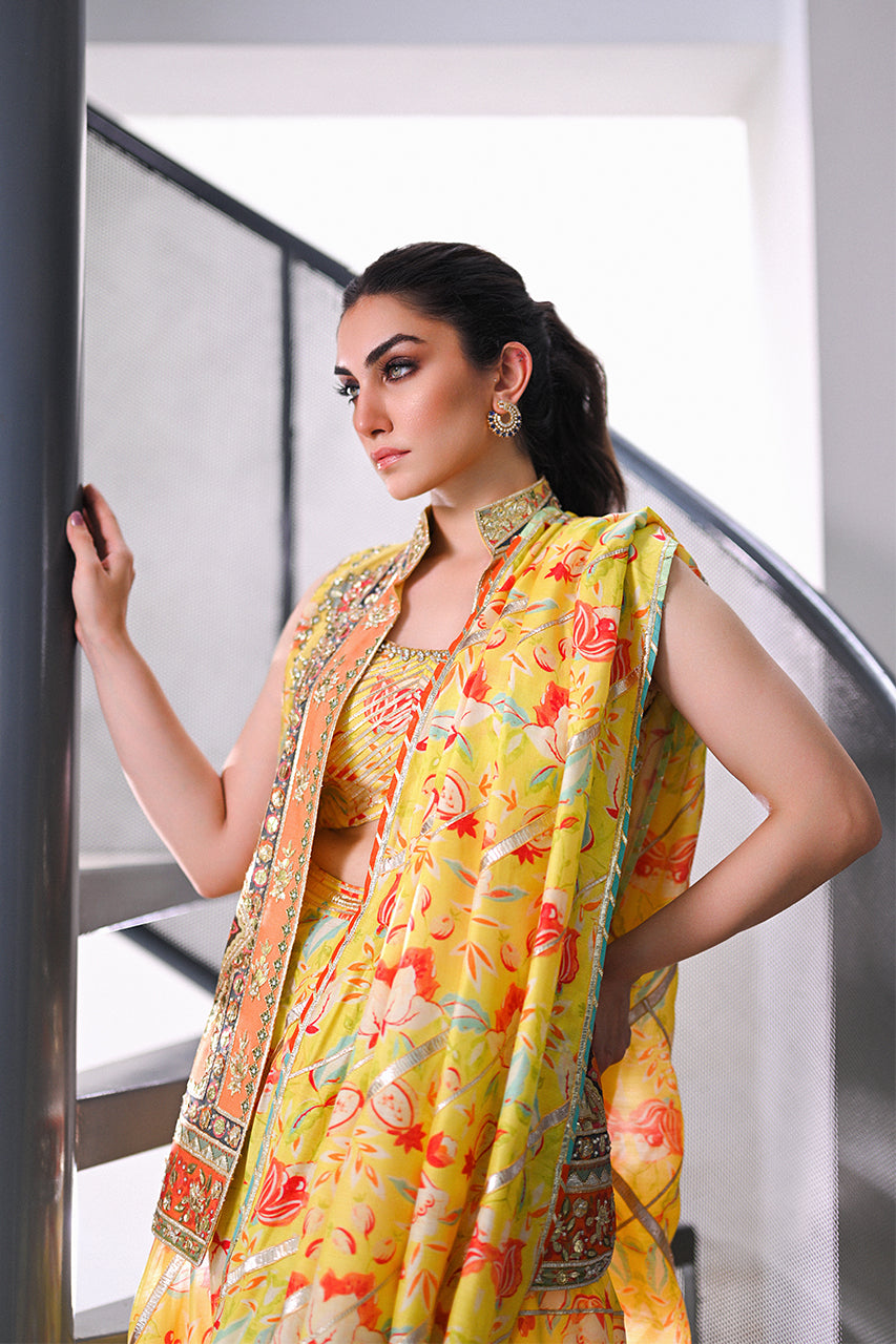 Pakistani Daffodil Yellow Embroidered Khaddi Silk Saree (3-Piece) - Image 4