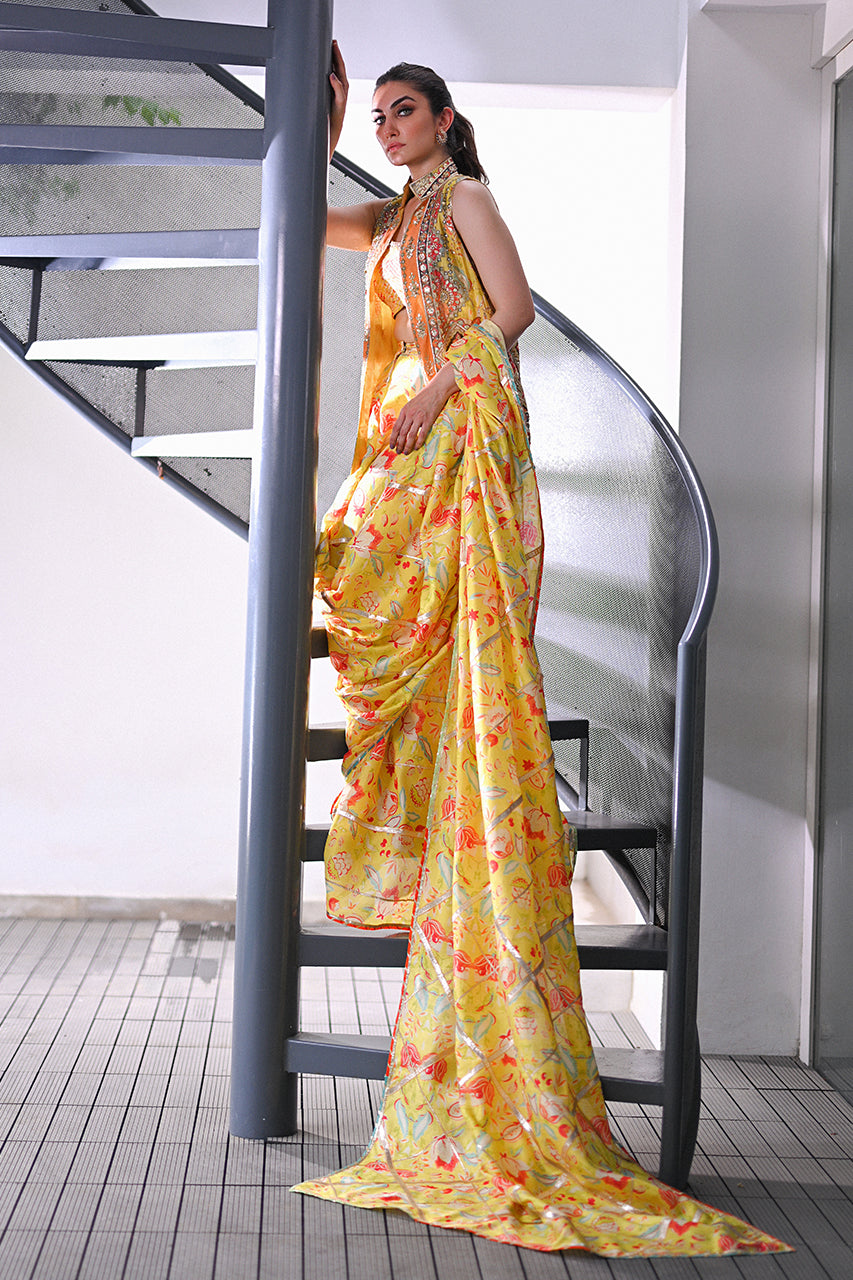 Pakistani Daffodil Yellow Embroidered Khaddi Silk Saree (3-Piece) - Image 5