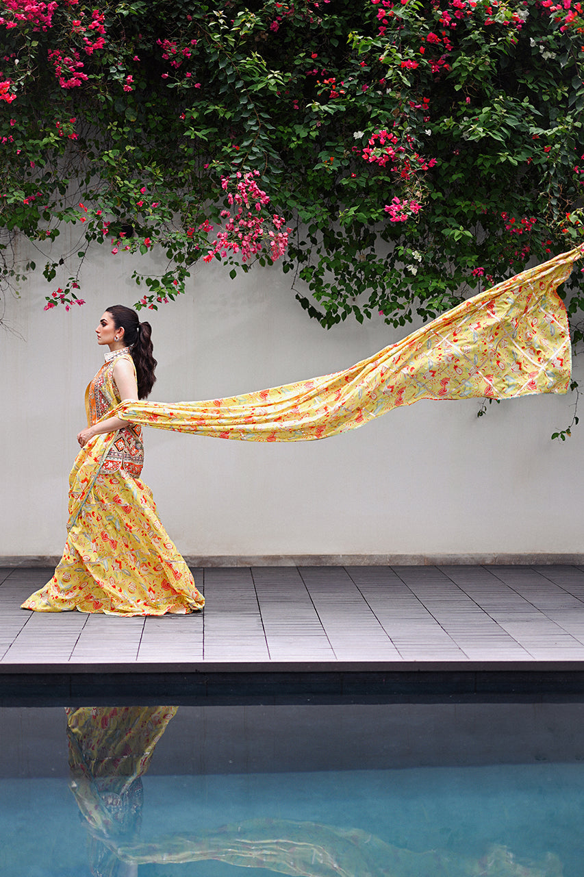 Pakistani Daffodil Yellow Embroidered Khaddi Silk Saree (3-Piece) - Image 6