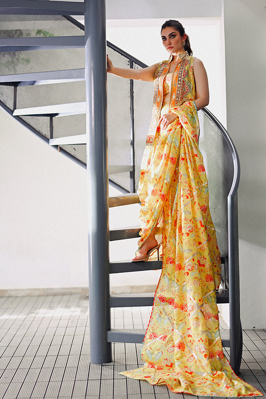 Daffodil Yellow Embroidered Khaddi Silk Saree (3-Piece) - Image 1