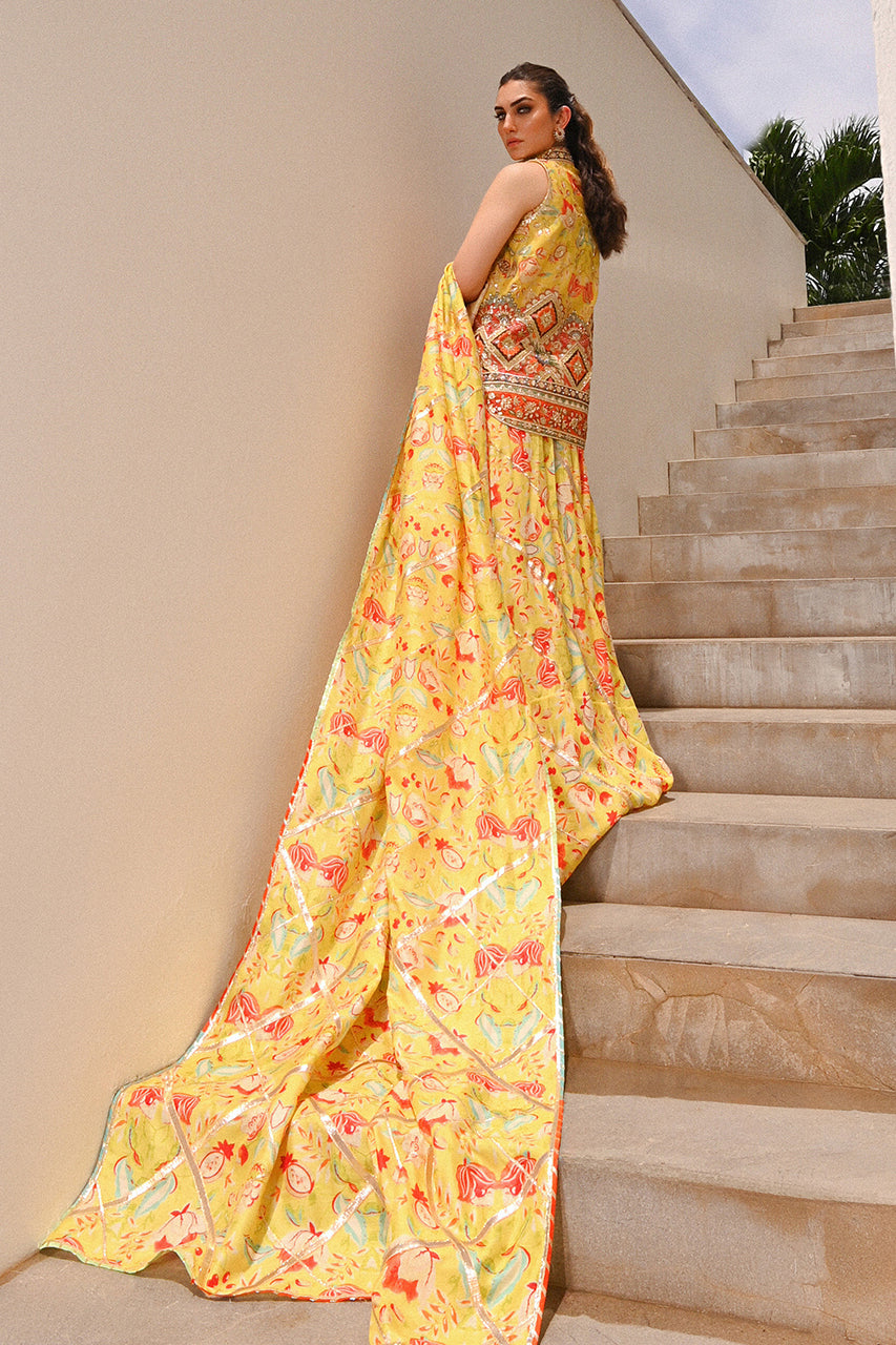 Daffodil Yellow Embroidered Khaddi Silk Saree (3-Piece) - Image 6