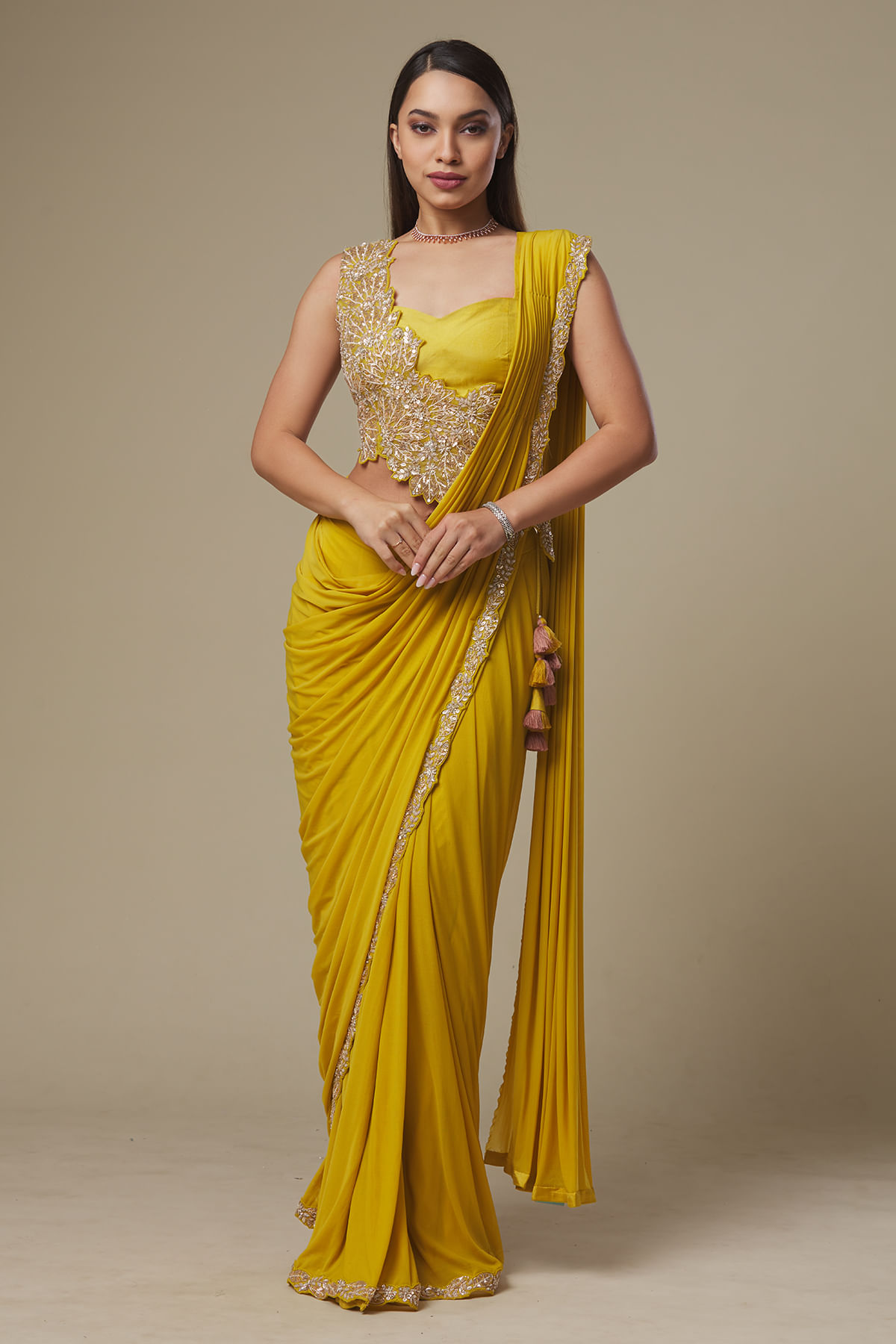 Mustard Yellow Embroidered Lycra Drape Saree (2-Piece) - Image 1