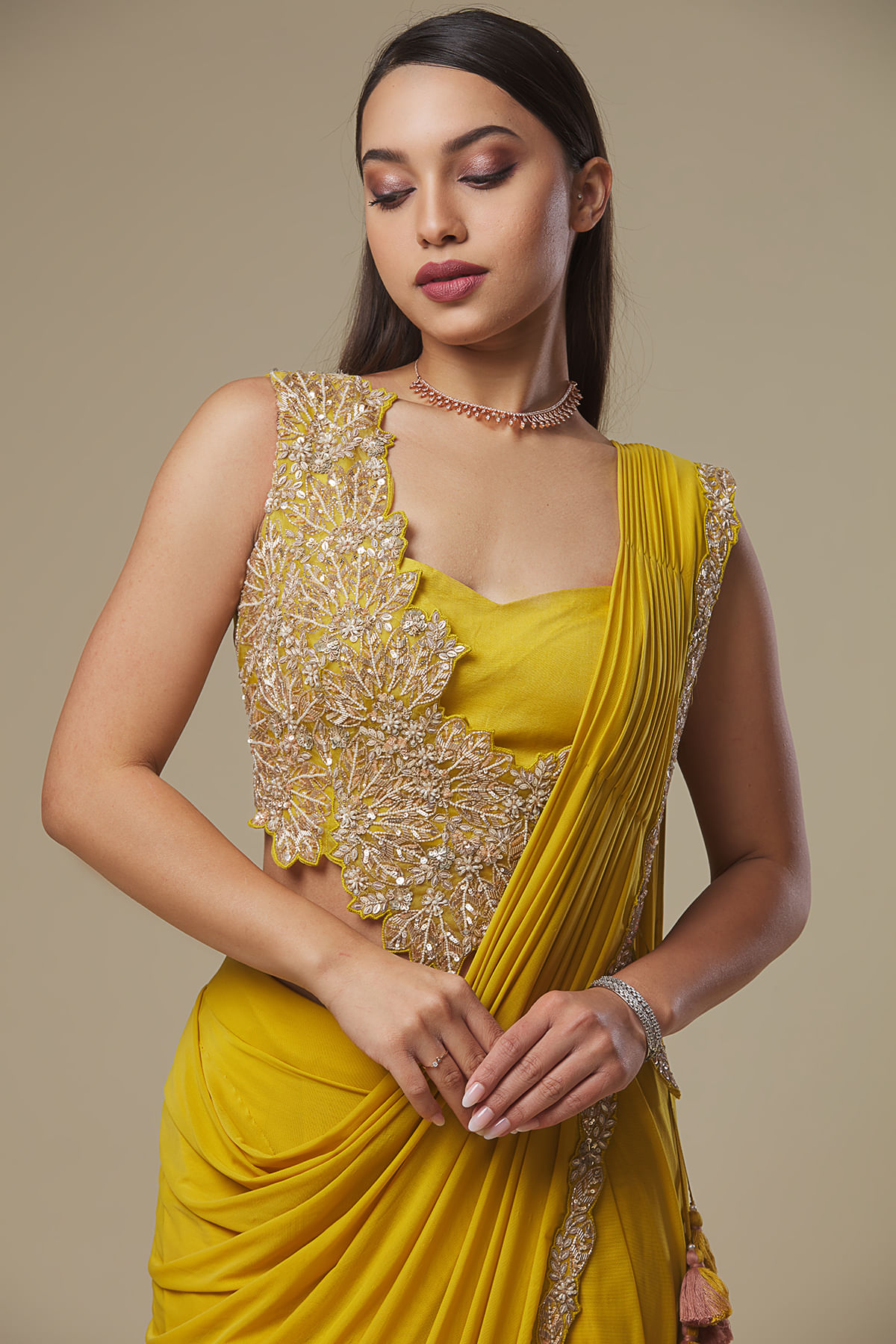 Mustard Yellow Embroidered Lycra Drape Saree (2-Piece) - Image 2