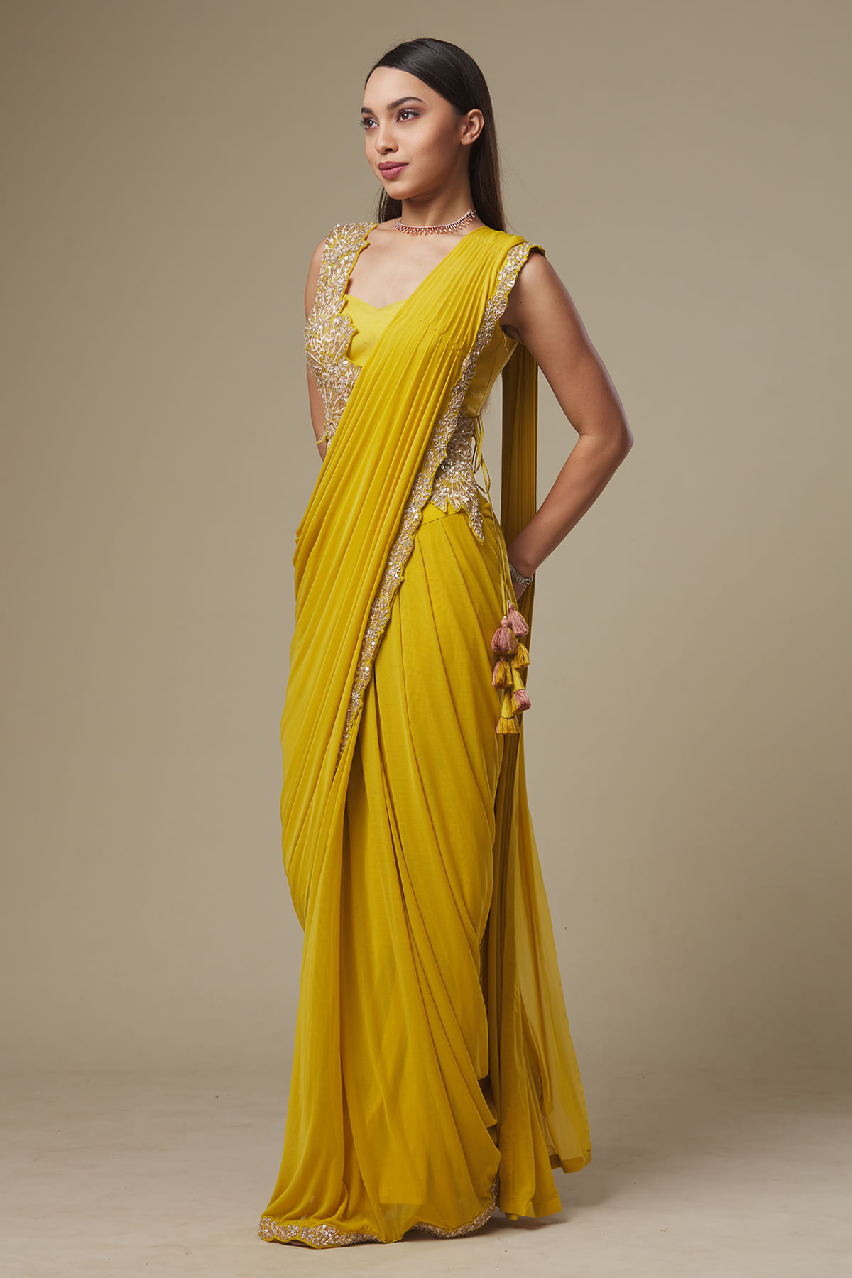 Mustard Yellow Embroidered Lycra Drape Saree (2-Piece) - Image 3