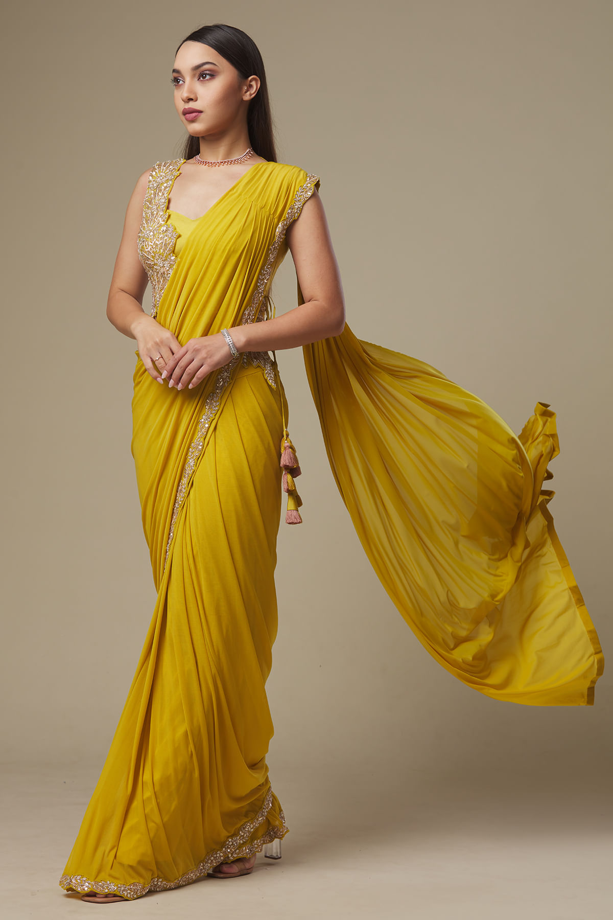 Mustard Yellow Embroidered Lycra Drape Saree (2-Piece) - Image 4
