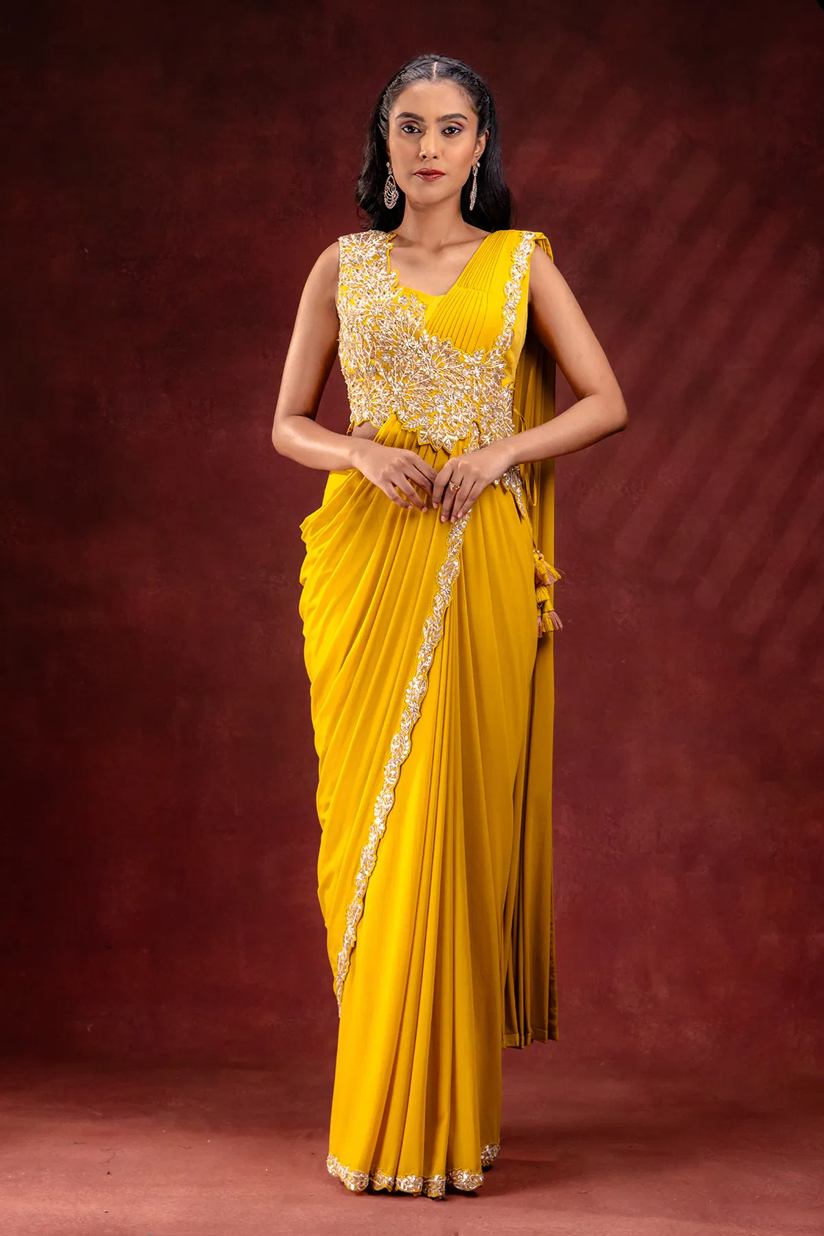 Yellow Embroidered Lycra Drape Saree (2-Piece) - Image 1
