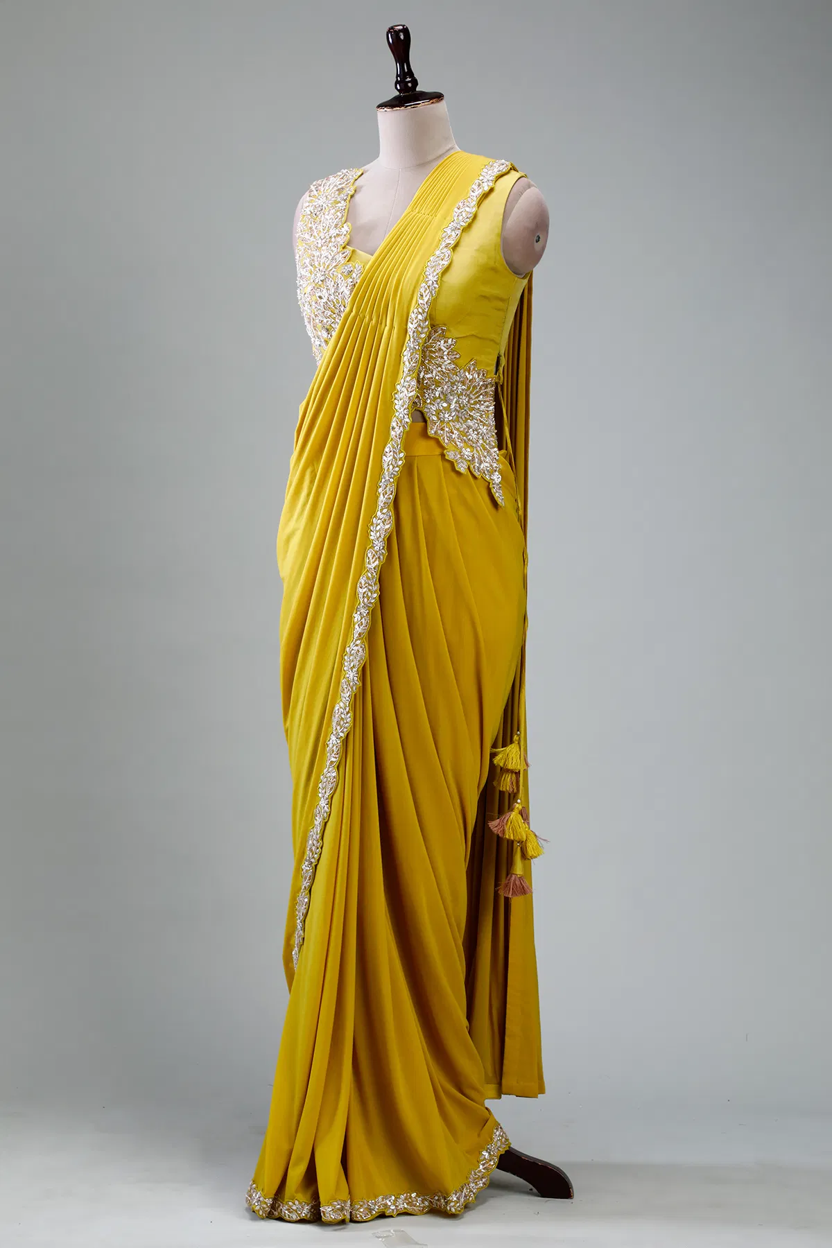 Yellow Embroidered Lycra Drape Saree (2-Piece) - Image 10