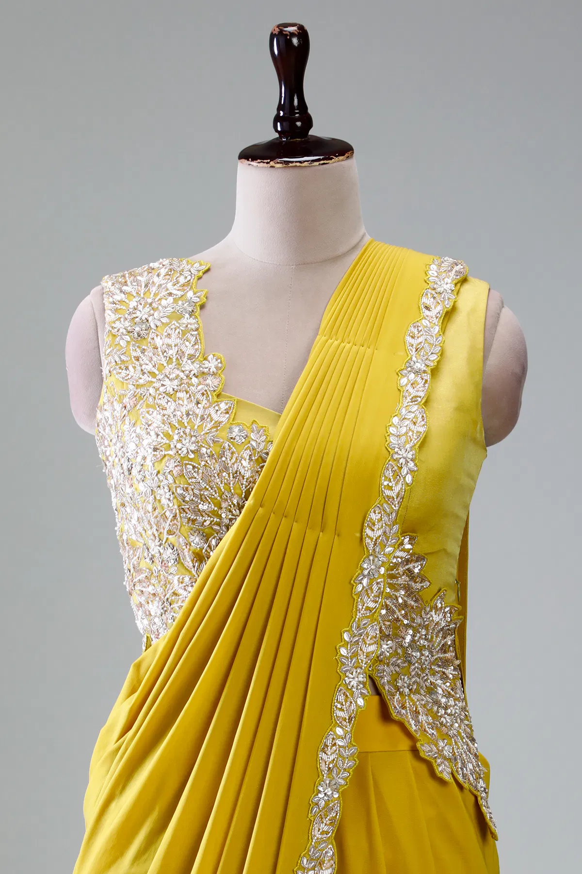 Yellow Embroidered Lycra Drape Saree (2-Piece) - Image 11